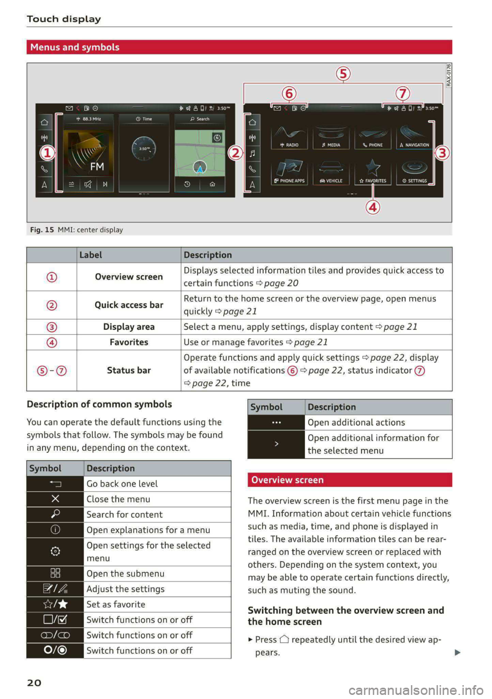 AUDI S4 2021 Owners Manual Touch display
Menus and symbols
RAX-0176.
m< po
Cer
Oo er
ce
ce oS Eee had
Co) Peo eens ETc)
© SETTINGS eh aed CNet a Ts)
Fig. 15 MMI: center display
Label Description AUDI S4 2021 Owners Manual Touch display
Menus and symbols
RAX-0176.
m< po
Cer
Oo er
ce
ce oS Eee had
Co) Peo eens ETc)
© SETTINGS eh aed CNet a Ts)
Fig. 15 MMI: center display
Label Description