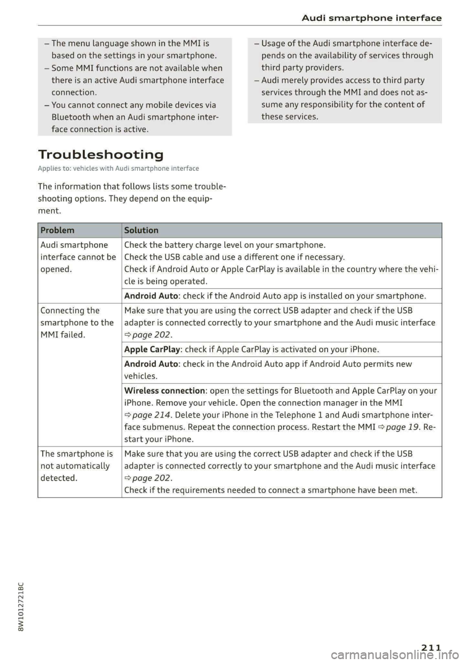 AUDI S4 2021 Owners Manual 8W1012721BC
Audi smartphone interface
— The menu language shown in the MMI is
based on the settings in your smartphone.
— Some MMI functions are not available when
there is an active Audi AUDI S4 2021 Owners Manual 8W1012721BC
Audi smartphone interface
— The menu language shown in the MMI is
based on the settings in your smartphone.
— Some MMI functions are not available when
there is an active Audi