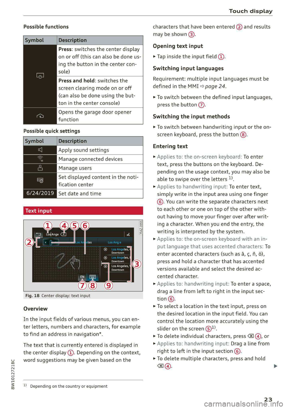 AUDI S4 2021 Owners Manual 8W1012721BC
Touch display
Possible functions characters that have been entered @) and results
may be shown @).
Description
Press: switches the center display Opening text input
on or off ( AUDI S4 2021 Owners Manual 8W1012721BC
Touch display
Possible functions characters that have been entered @) and results
may be shown @).
Description
Press: switches the center display Opening text input
on or off (