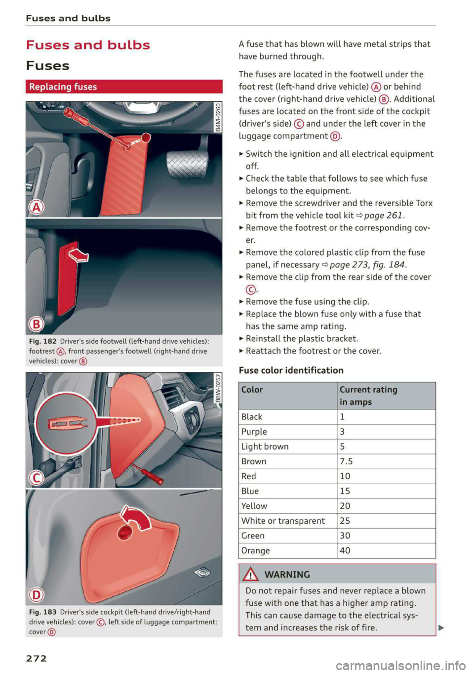AUDI S4 2021 Owners Manual Fuses and bulbs
Fig. 182 Driver's side footwell (left-hand drive vehicles):
footrest (@), front passenger's footwell (right-hand drive
vehicles): cover
Zag
BBW-0257
Fig. 183 Driv AUDI S4 2021 Owners Manual Fuses and bulbs
Fig. 182 Driver's side footwell (left-hand drive vehicles):
footrest (@), front passenger's footwell (right-hand drive
vehicles): cover
Zag
BBW-0257
Fig. 183 Driv