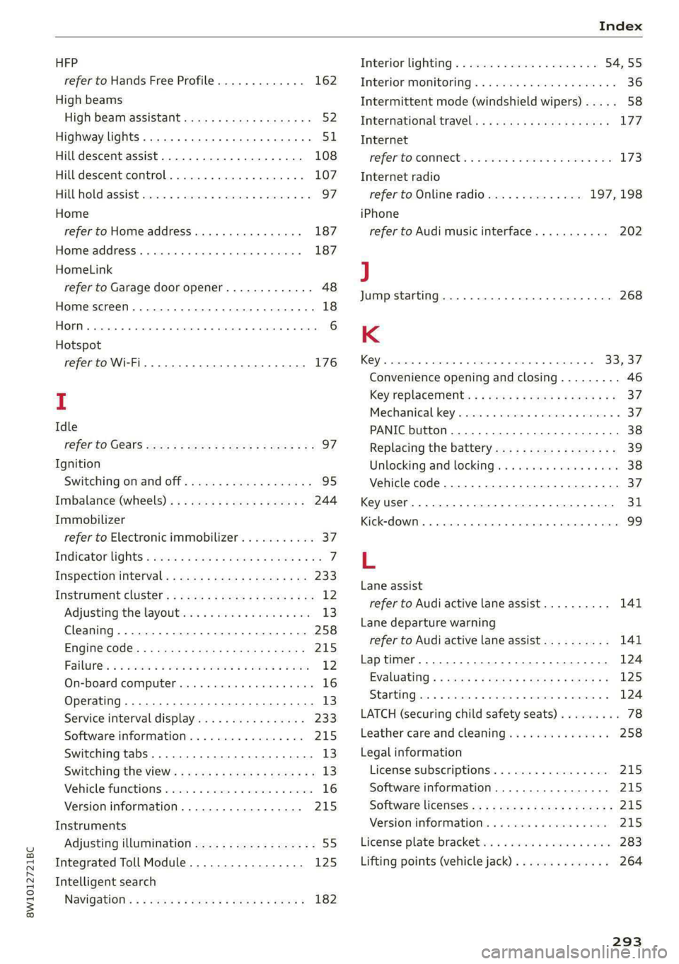 AUDI S4 2021 Owners Manual 8W1012721BC
HFP
refer to Hands Free Profile............. 162
High beams
High beam assistant.................4. 52
Highway lights ....... 0... cece eee eee ee ee 51
Hill descent assist........ AUDI S4 2021 Owners Manual 8W1012721BC
HFP
refer to Hands Free Profile............. 162
High beams
High beam assistant.................4. 52
Highway lights ....... 0... cece eee eee ee ee 51
Hill descent assist........