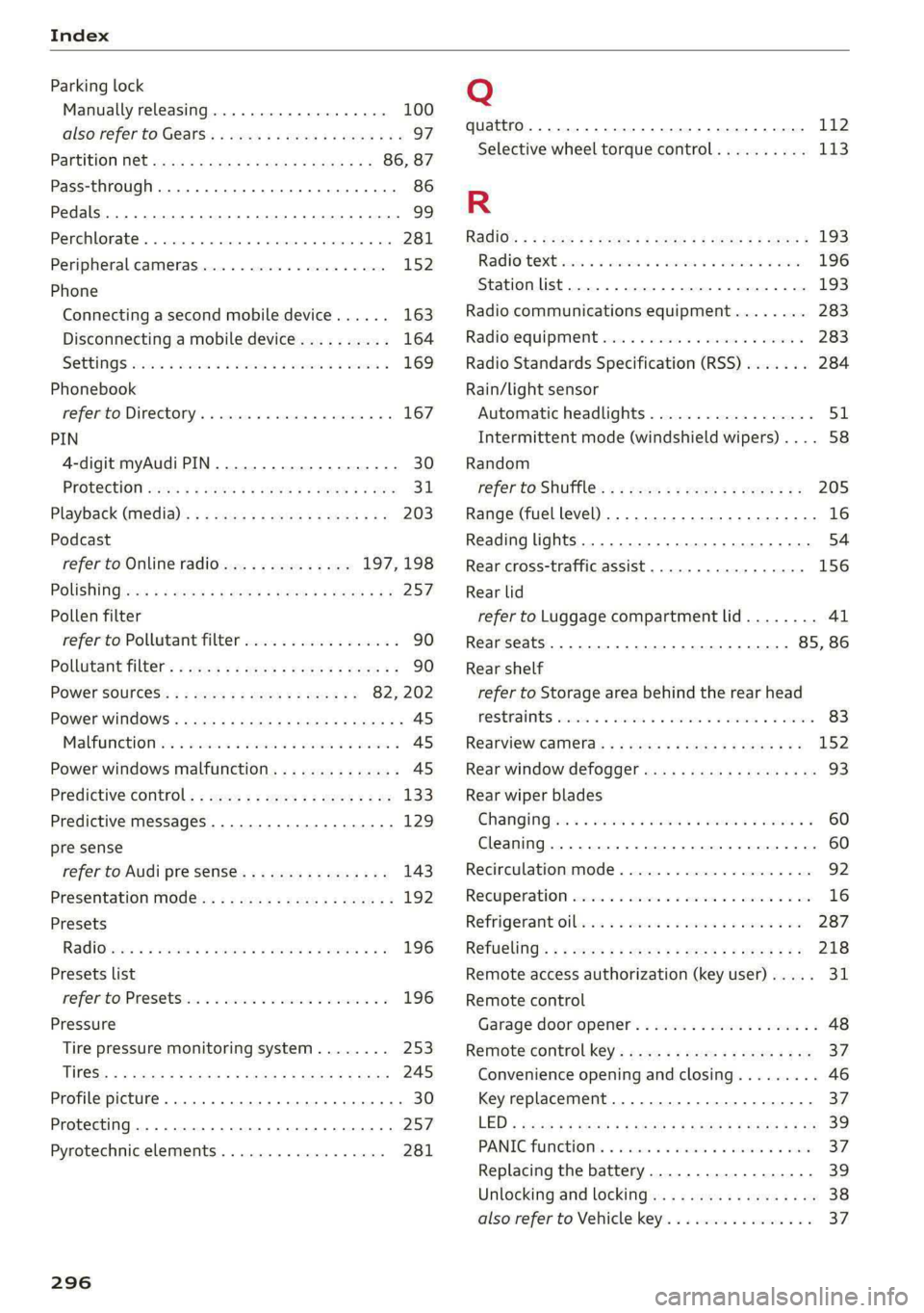 AUDI S4 2021 Owners Manual Index
Parking lock
Manually releasing.............00000- 100
also refer to Gears... 6... eee e eee eee 97
Partition W@t sca < ssces v enees s aren ase 86, 87
Pass-through... .... cc eee cence AUDI S4 2021 Owners Manual Index
Parking lock
Manually releasing.............00000- 100
also refer to Gears... 6... eee e eee eee 97
Partition W@t sca < ssces v enees s aren ase 86, 87
Pass-through... .... cc eee cence