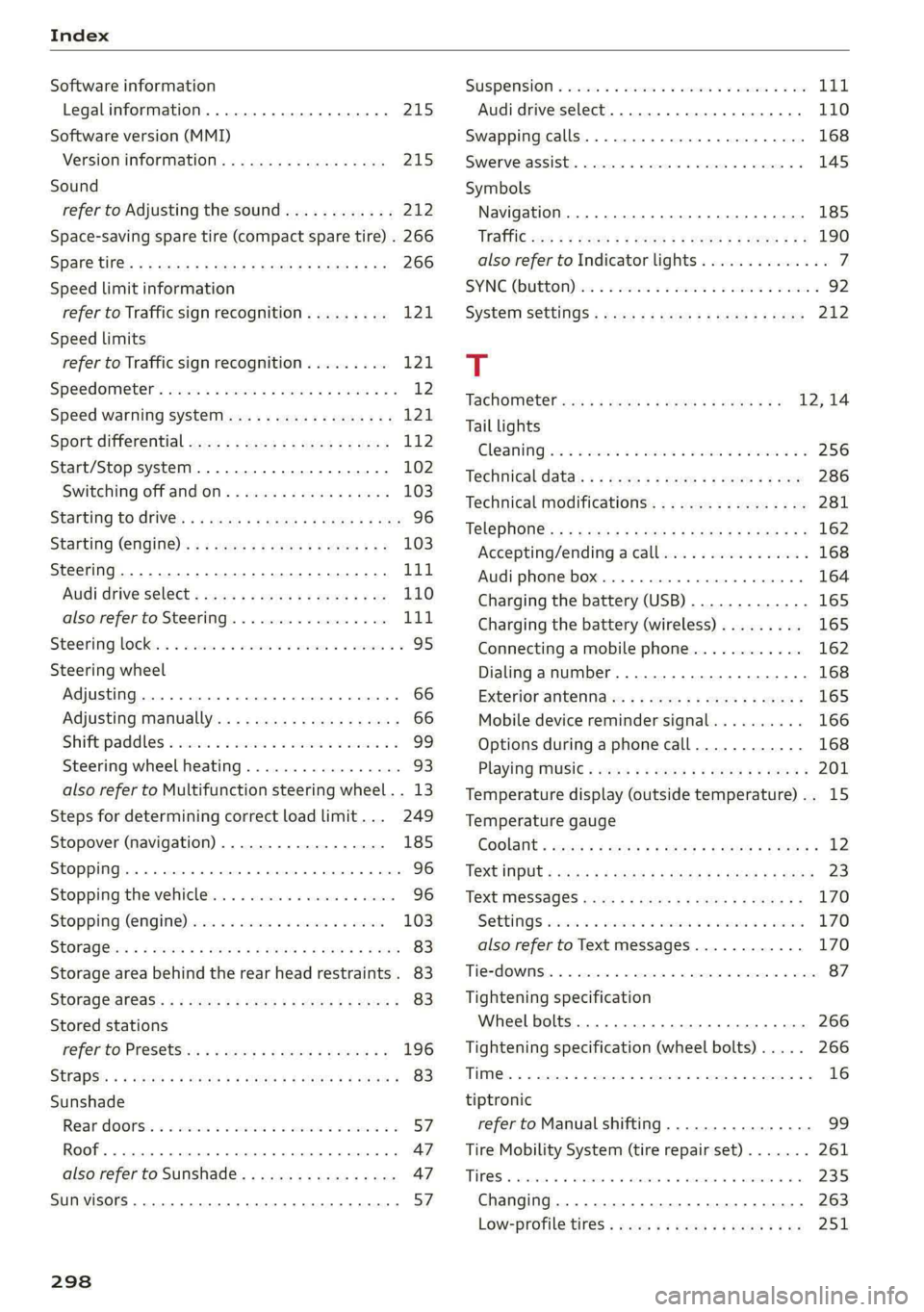 AUDI S4 2021 Owners Manual Index
Software information
Legalinformation................0005 215
Software version (MMI)
Version information.................. 215
Sound
refer to Adjusting the sound............ 212
Space- AUDI S4 2021 Owners Manual Index
Software information
Legalinformation................0005 215
Software version (MMI)
Version information.................. 215
Sound
refer to Adjusting the sound............ 212
Space-