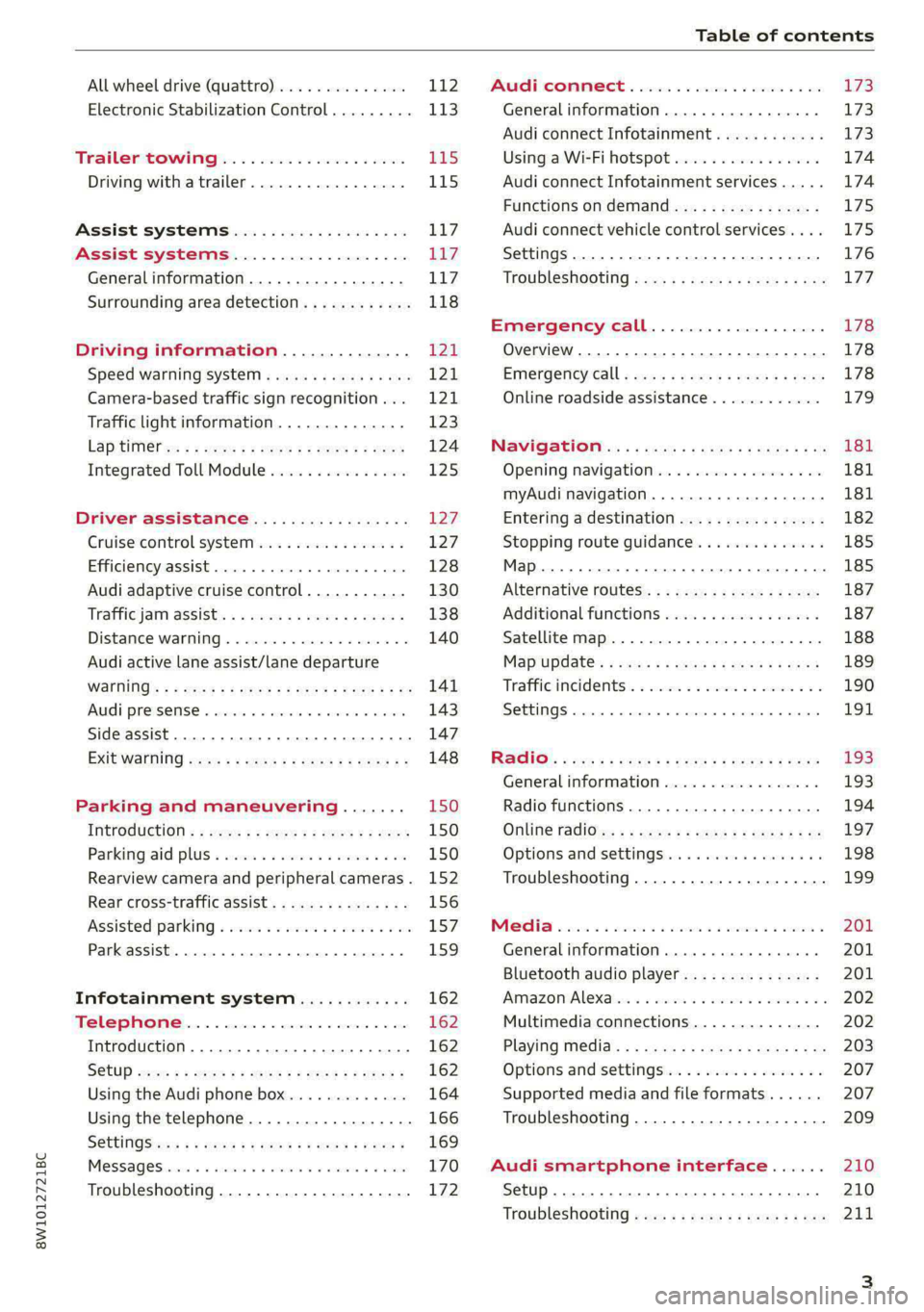 AUDI S4 2021  Owners Manual 8W1012721BC 
Table of contents 
  
  
All wheel drive (quattro).............. 112 
Electronic Stabilization Control......... 113 
Trailer towing.................... 115 
Driving with atrailer.........