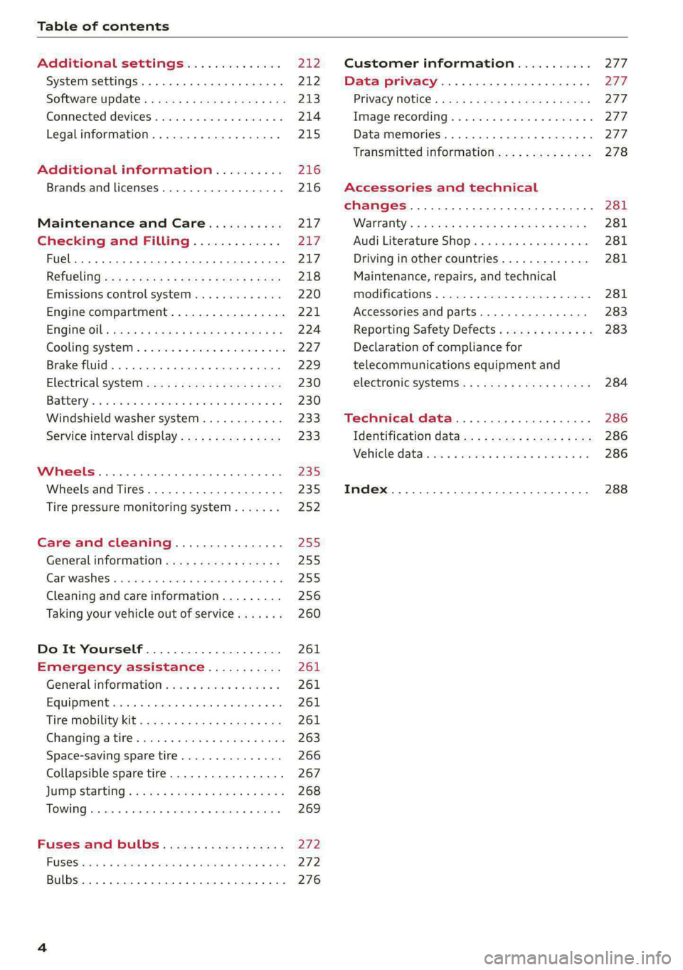 AUDI S4 2021  Owners Manual Table of contents 
  
  
Additional settings.............. 212 
System settingS.............ce ee eee 212 
Software update... 1.2... .. cc cece ee eee 213 
Connected devices.............000 005 214 
L