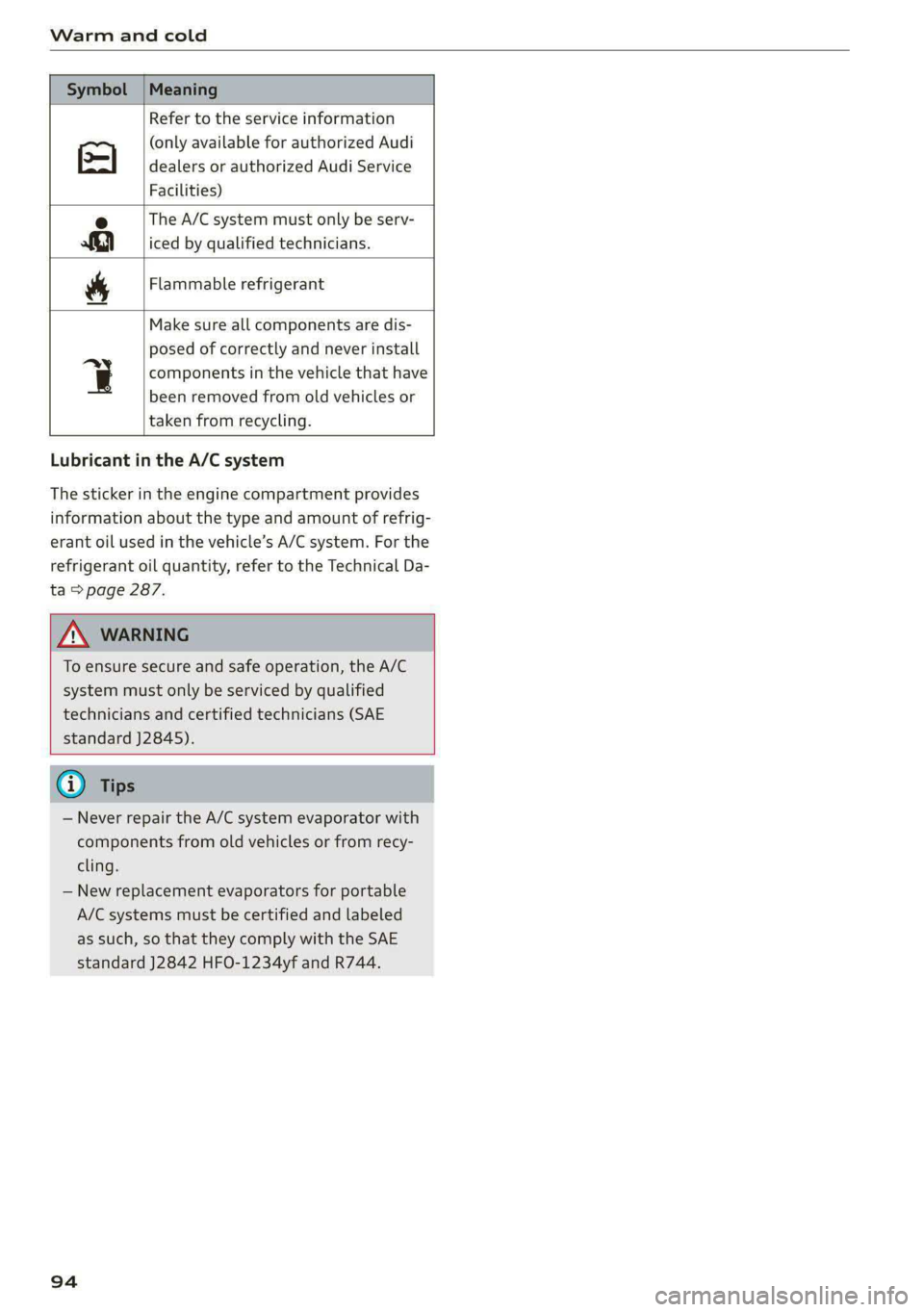 AUDI S4 2021  Owners Manual Warm and cold 
  
  
Symbol | Meaning 
  
Refer to the service information 
(only available for authorized Audi 
dealers or authorized Audi Service 
Facilities) 
  
The A/C system must only be serv- 
