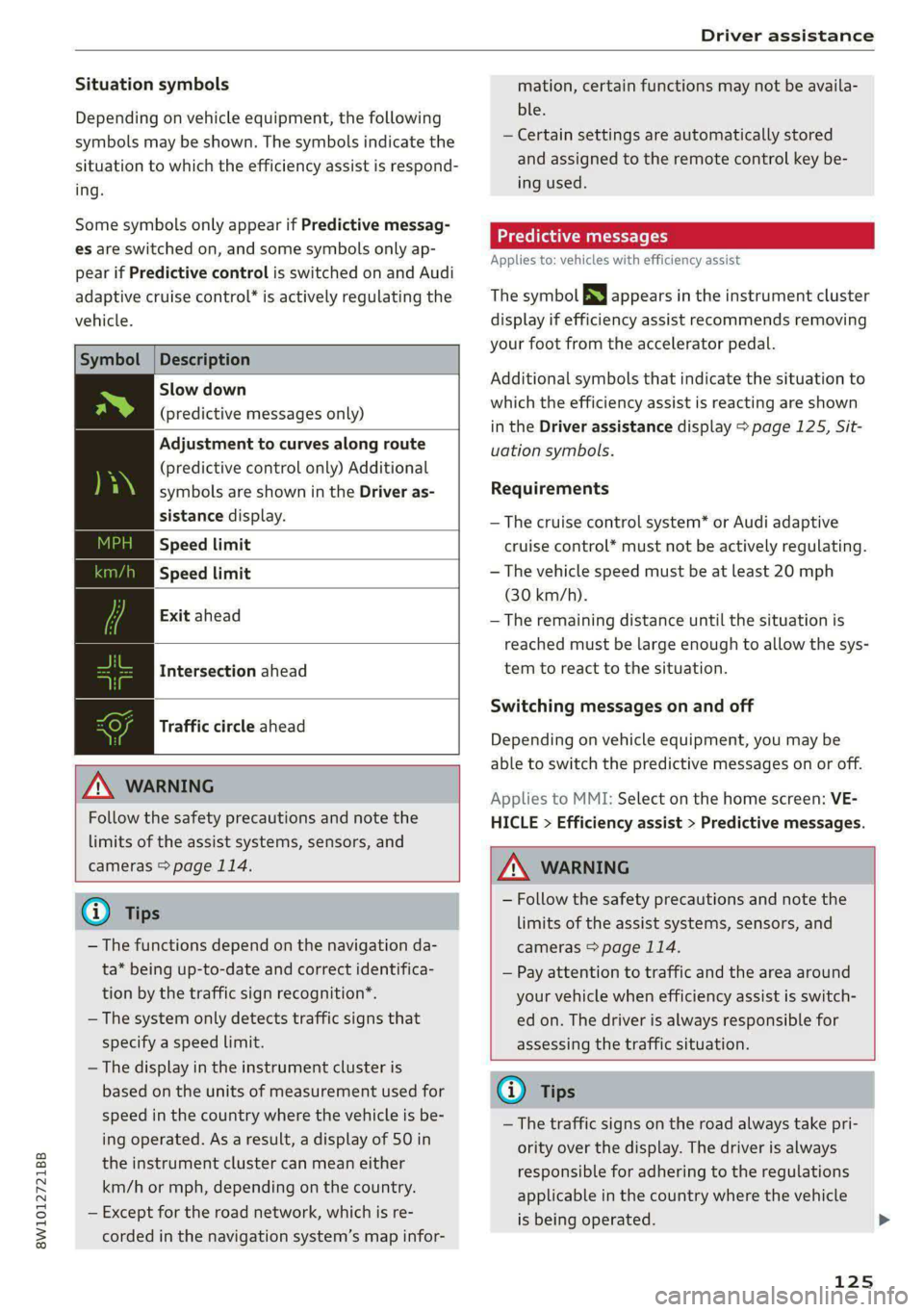 AUDI A4 2020 Owners Manual 8W1012721BB
Driver assistance
Situation symbols
Depending on vehicle equipment, the following
symbols may be shown. The symbols indicate the
situation to which the efficiency assist is respond AUDI A4 2020 Owners Manual 8W1012721BB
Driver assistance
Situation symbols
Depending on vehicle equipment, the following
symbols may be shown. The symbols indicate the
situation to which the efficiency assist is respond