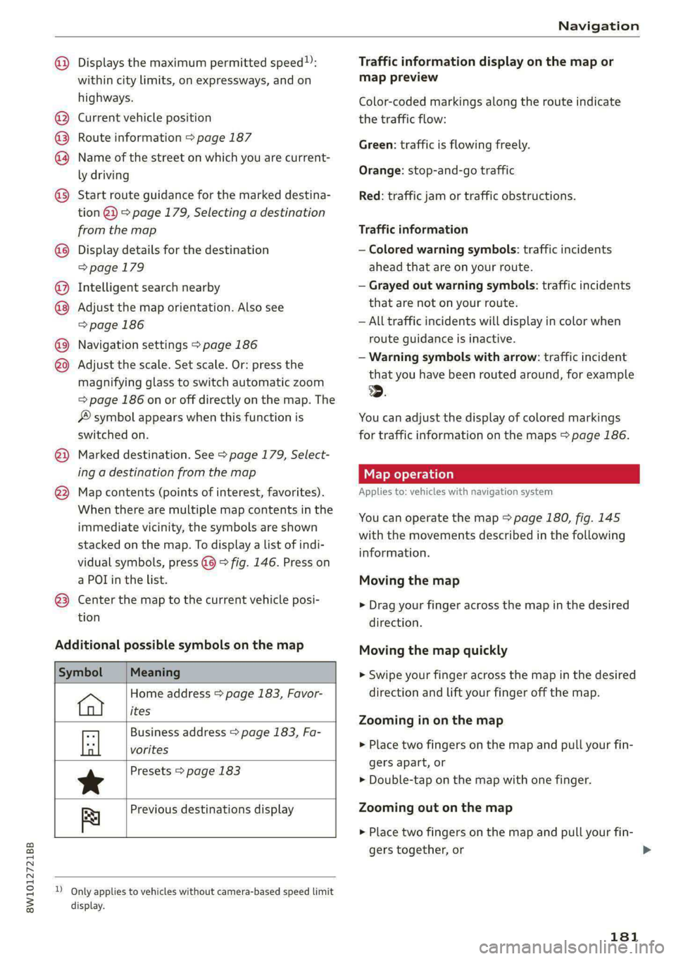 AUDI A4 2020 User Guide 8W1012721BB
Navigation
@
©®®
O8©
@
®
OO®8
® ®
®
Displays the maximum permitted speed”:
within city limits, on expressways, and on
highways.
Current vehicle position
Route AUDI A4 2020 User Guide 8W1012721BB
Navigation
@
©®®
O8©
@
®
OO®8
® ®
®
Displays the maximum permitted speed”:
within city limits, on expressways, and on
highways.
Current vehicle position
Route