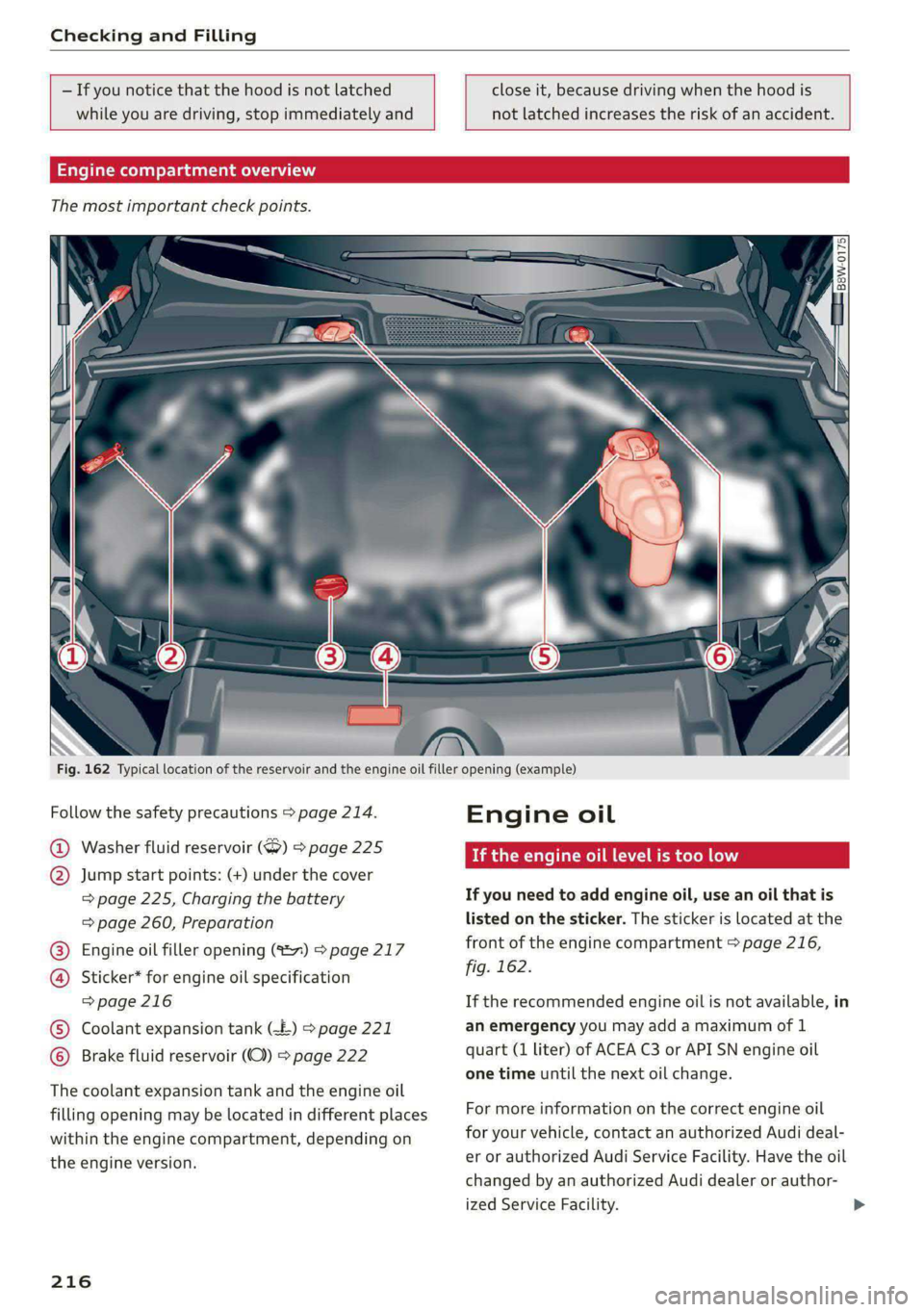 AUDI A4 2020  Owners Manual Checking and Filling 
  
- If you notice that the hood is not latched 
while you are driving, stop immediately and 
  
  
N 
INS —     
close it, because driving when the hood is 
not latched increa