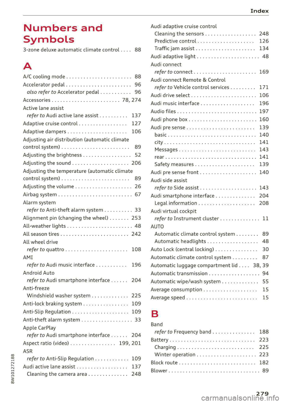 AUDI S4 2020  Owners Manual 8W1012721BB 
Index 
  
Numbers and 
Symbols 
3-zone deluxe automatic climate control.... 88 
A 
ALC cooling MOde ss «  « vesiev «sass w © wernin eon 88 
Accelerator pedals sais se cai sv aac oe ew