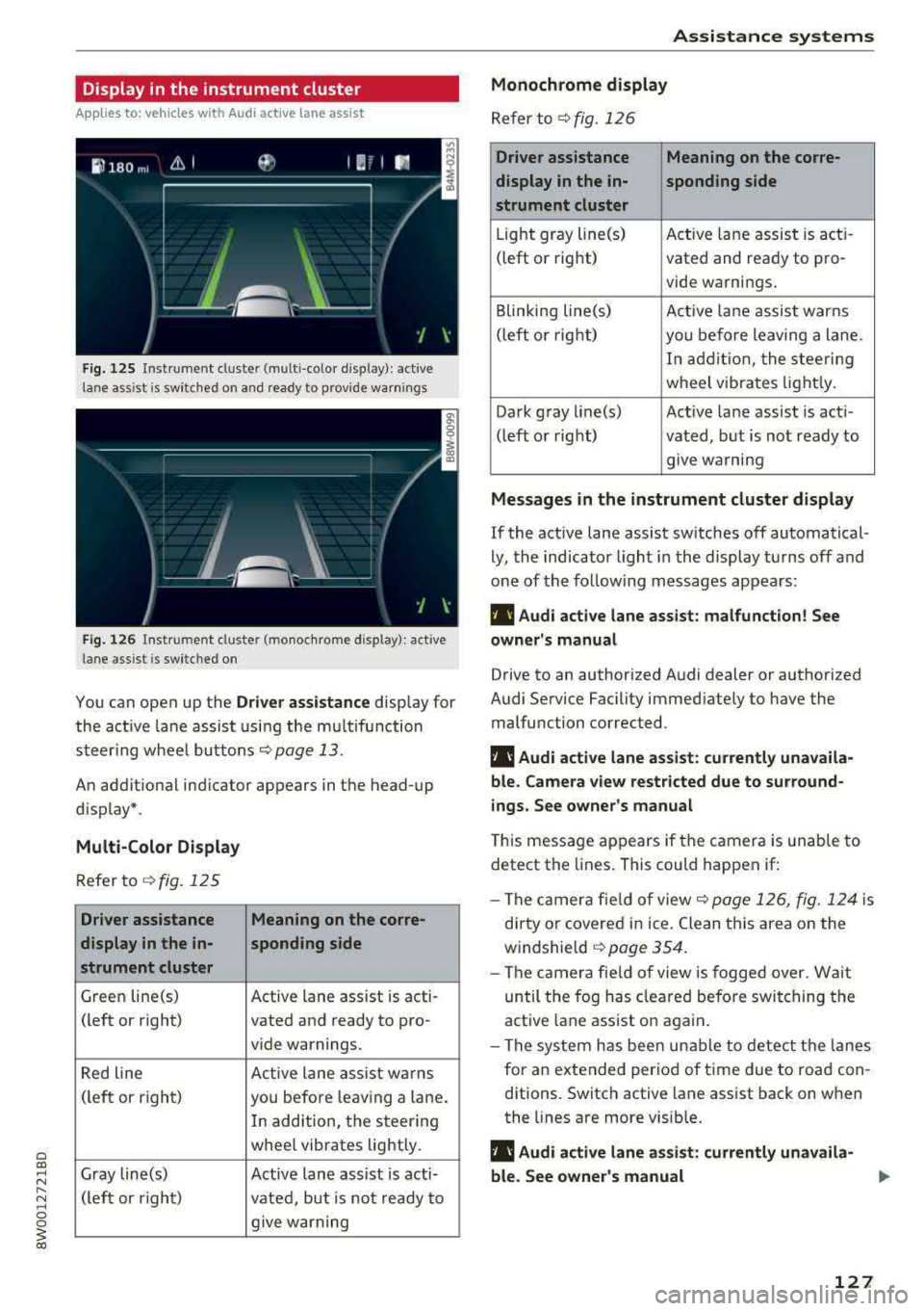 AUDI S4 2018 Owners Manual Display in the instrument cluster
App lies to: ve hicles with Audi active lane assist
Fig. 125 Instrument cluster (multi-color display): ac tive
lane ass ist is sw itched on and re AUDI S4 2018 Owners Manual Display in the instrument cluster
App lies to: ve hicles with Audi active lane assist
Fig. 125 Instrument cluster (multi-color display): ac tive
lane ass ist is sw itched on and re