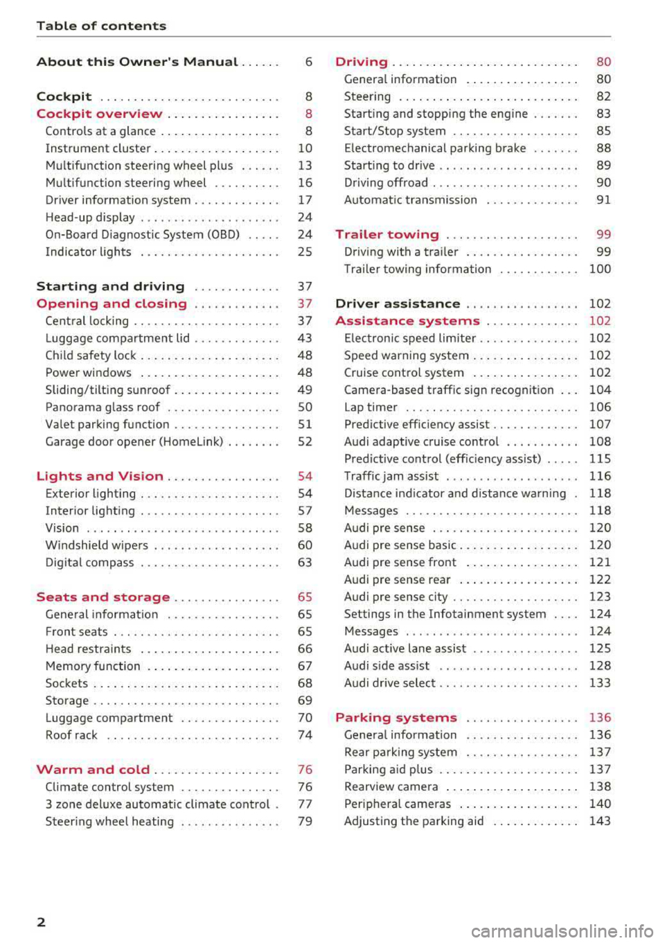 AUDI A4 2018  Owners Manual Table  of  contents  
About  this  Owners  Manual  . .. .. . 
Cockpit  ... .. ............... .... ..  . 
Cockpit  overview  ................ . 
Controls  at  a glance  ... .......... .. .. . 
Instru