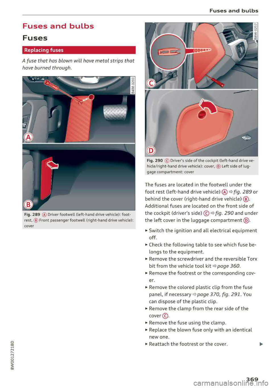 AUDI A4 2018 Owners Manual Fuses and bulbs
Fuses
Replacing fuses
A fuse that has blown will have metal strips tha t
have burned through .
Fig. 289 @ Driver footwell (left -hand drive vehicle) : foot
res t AUDI A4 2018 Owners Manual Fuses and bulbs
Fuses
Replacing fuses
A fuse that has blown will have metal strips tha t
have burned through .
Fig. 289 @ Driver footwell (left -hand drive vehicle) : foot
res t