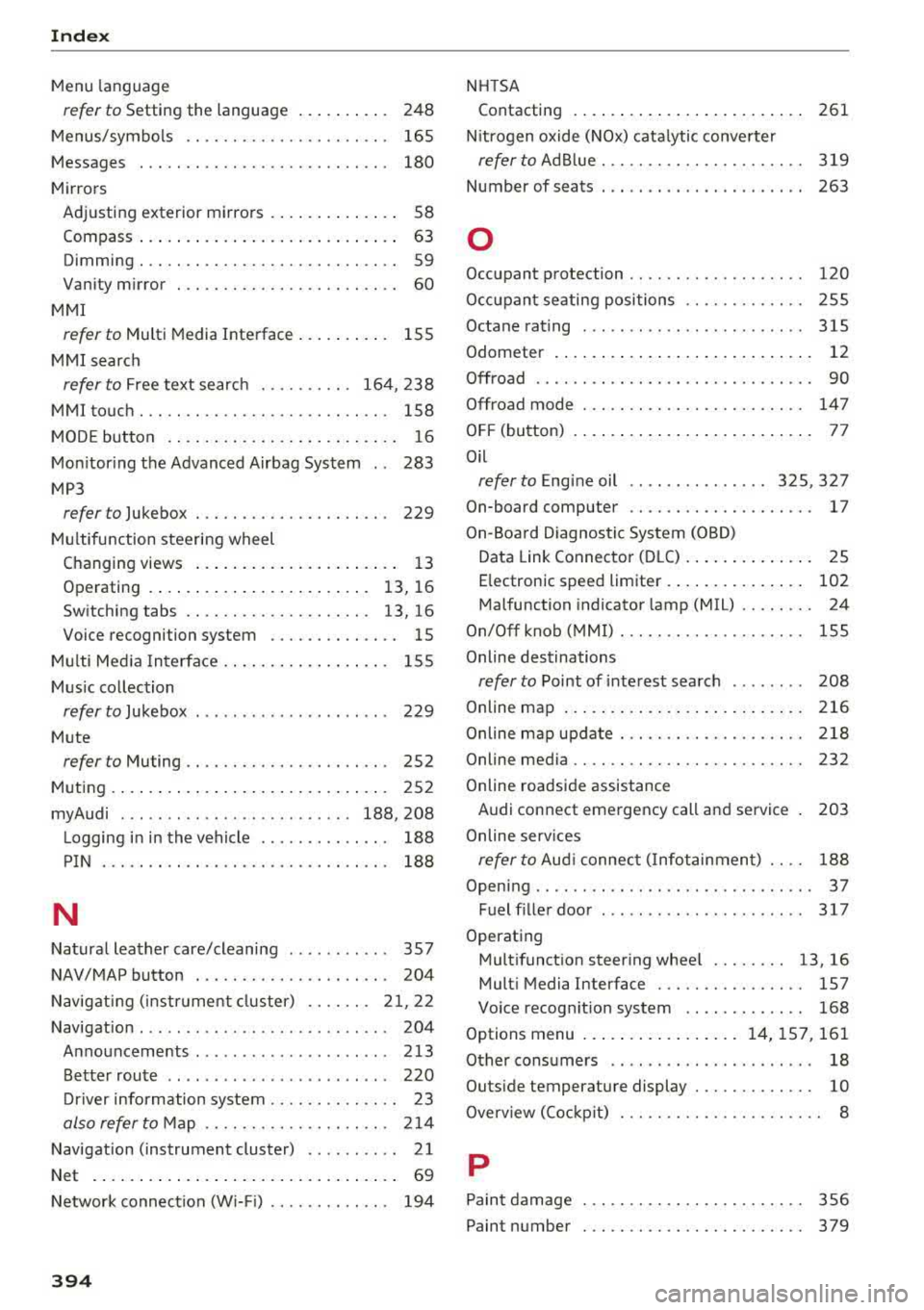 AUDI A4 2018 Owners Manual Index
Menu language
refer to Setting the language 248
Menus/symbols . . . . . . . . . . . . . . . . . . . . . . 165
Messages . . . . . . . . . . . . . . . . . . . . . . . . . . AUDI A4 2018 Owners Manual Index
Menu language
refer to Setting the language 248
Menus/symbols . . . . . . . . . . . . . . . . . . . . . . 165
Messages . . . . . . . . . . . . . . . . . . . . . . . . . .