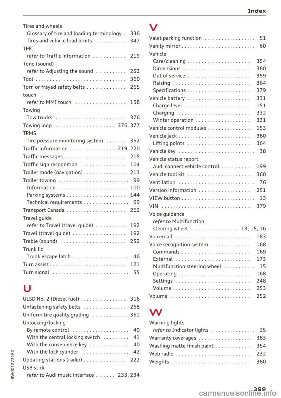 AUDI A4 2018 Owners Manual a co .... N ,....
N .... 0 0
3 co
Tires and wheels Glossary of tire and loading termino logy . 336
Tires and vehicle load limits . . . . . . . . . . . 347
TMC
refer to T raffic inf AUDI A4 2018 Owners Manual a co .... N ,....
N .... 0 0
3 co
Tires and wheels Glossary of tire and loading termino logy . 336
Tires and vehicle load limits . . . . . . . . . . . 347
TMC
refer to T raffic inf