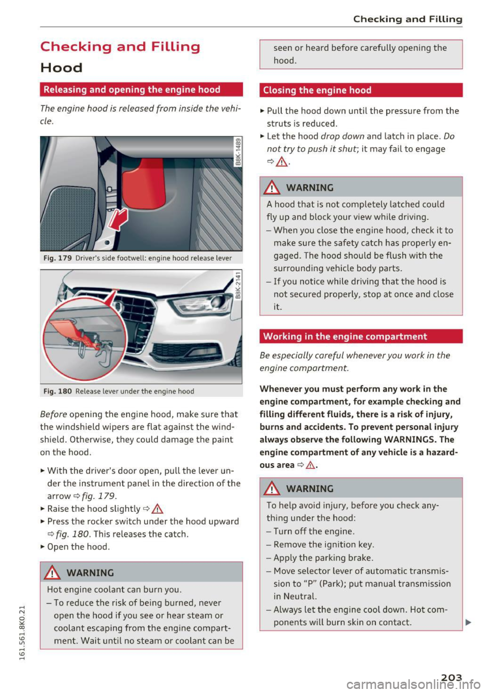 AUDI A4 2016  Owners Manual ,...., 
N 
0 
"" CX) ,...., 
I.Cl U"I ,...., 
I.Cl ,...., 
Checking  and  Filling Hood 
Releasing  and  opening  the  engine  hood 
The  engine  hood  is released  from  inside  the  vehi­
cle. 
Fig