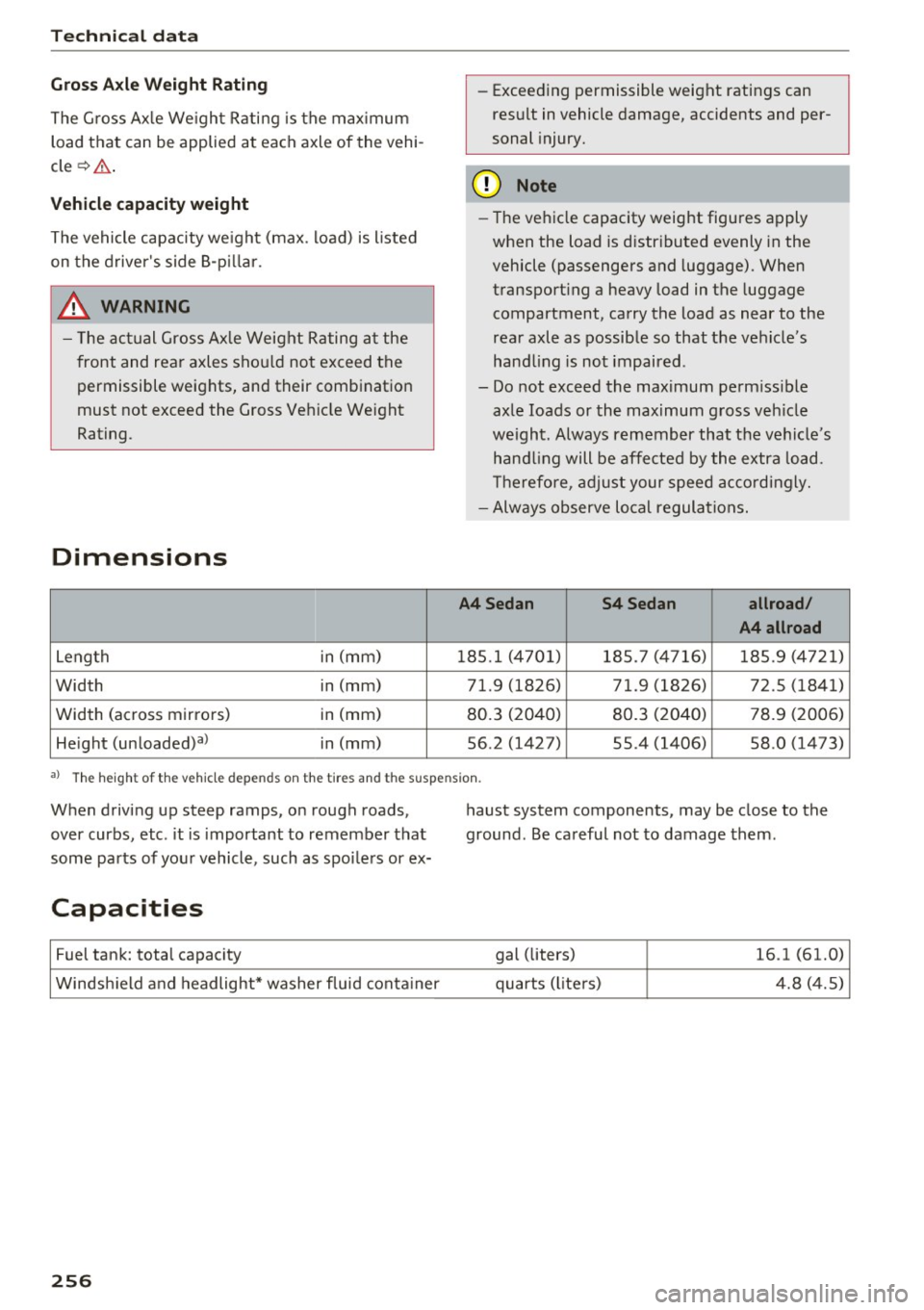 AUDI A4 2016  Owners Manual Tech nical  data 
Gross Axle  Weight  Rating 
The  G ross  Ax le  We ight  Rating  is the  max imum 
load  that  can  be  applied at each  axle  of  the  vehi ­
cle ¢& . 
Vehicle  capacity weight 
T