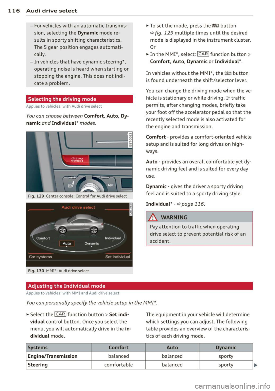 AUDI A4 2015 Service Manual 116 Audi drive select
- Fo r vehicles wi th an automatic t ransmis
s io n, select ing t he
Dynamic mode re
s ul ts in sporty shift ing characteristics .
The S gear posit io n eng AUDI A4 2015 Service Manual 116 Audi drive select
- Fo r vehicles wi th an automatic t ransmis
s io n, select ing t he
Dynamic mode re
s ul ts in sporty shift ing characteristics .
The S gear posit io n eng