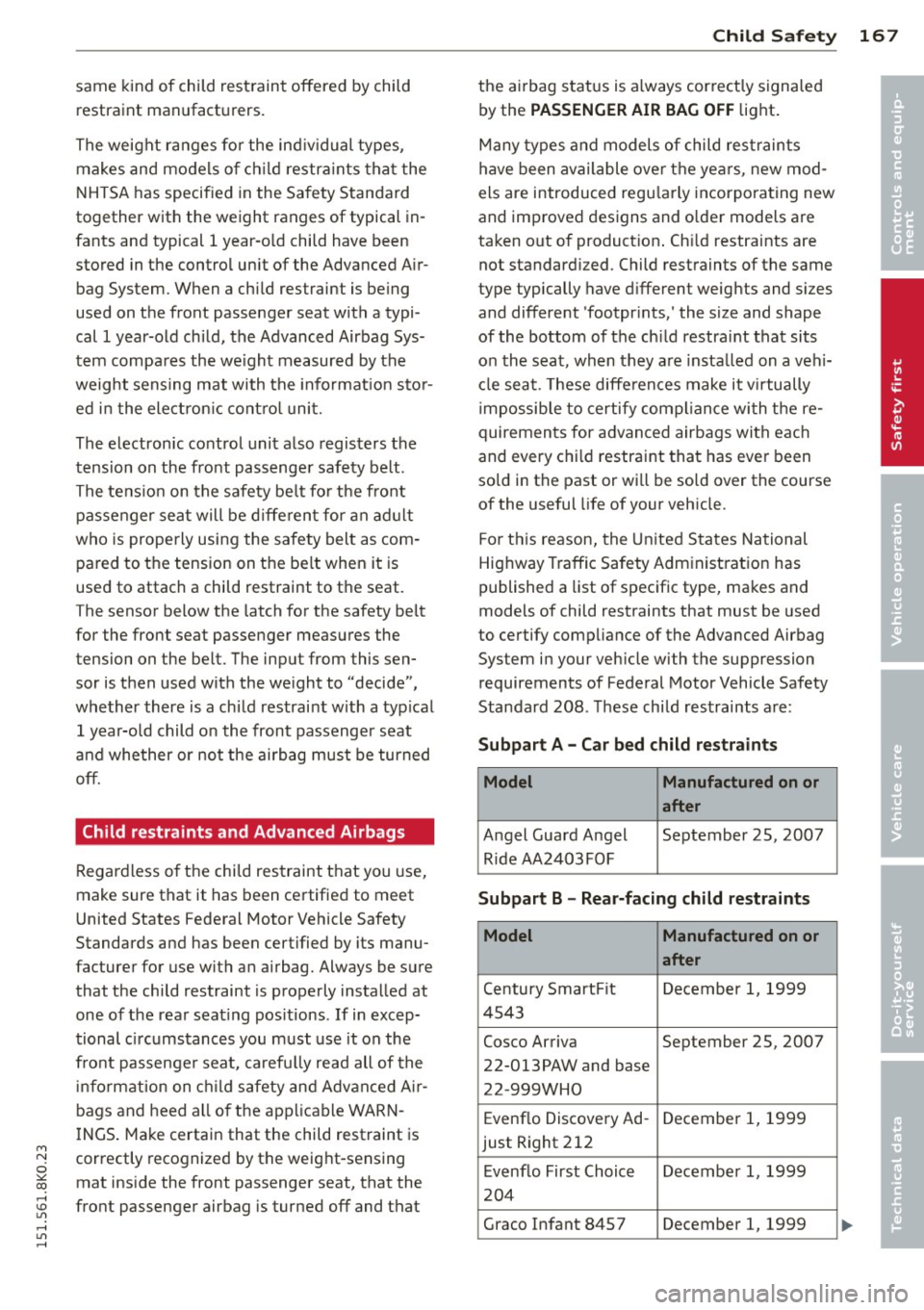 AUDI A4 2015 Owners Guide same kind of child restrain t offered by child
restraint manufacturers.
T he weight ranges for the ind iv idual types,
makes and models o f ch ild restra ints tha t the
NHTSA has s AUDI A4 2015 Owners Guide same kind of child restrain t offered by child
restraint manufacturers.
T he weight ranges for the ind iv idual types,
makes and models o f ch ild restra ints tha t the
NHTSA has s