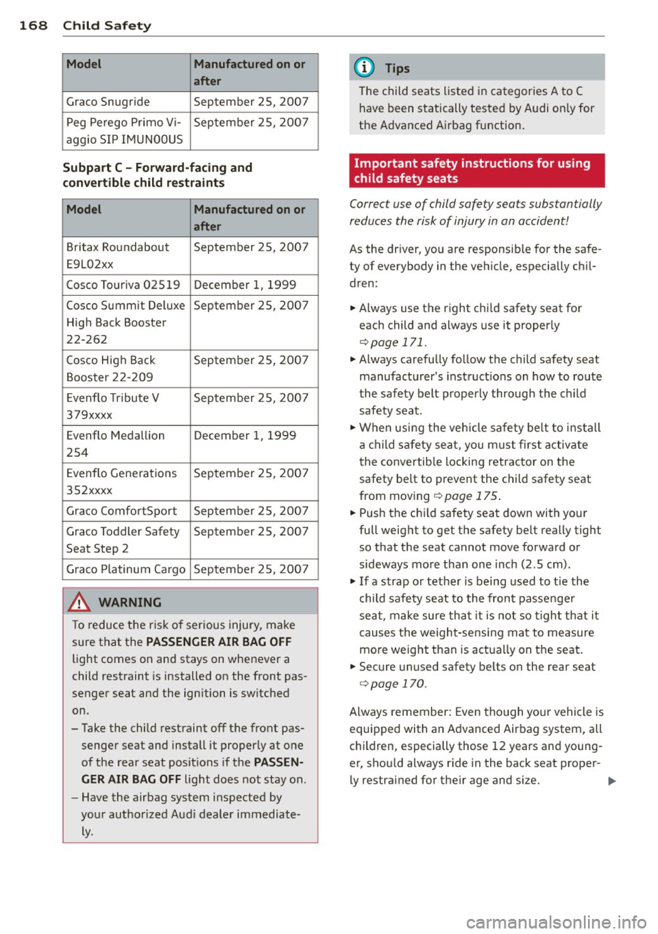 AUDI A4 2015 Owners Manual 168 Child Saf ety
Model Manufactured on or
a fter
Graco Snugride September 2S, 2007
Peg Perego Primo V i- September 25, 2007
aggio SIP IMUN00US
Subpart C -Forward -facing and
c AUDI A4 2015 Owners Manual 168 Child Saf ety
Model Manufactured on or
a fter
Graco Snugride September 2S, 2007
Peg Perego Primo V i- September 25, 2007
aggio SIP IMUN00US
Subpart C -Forward -facing and
c