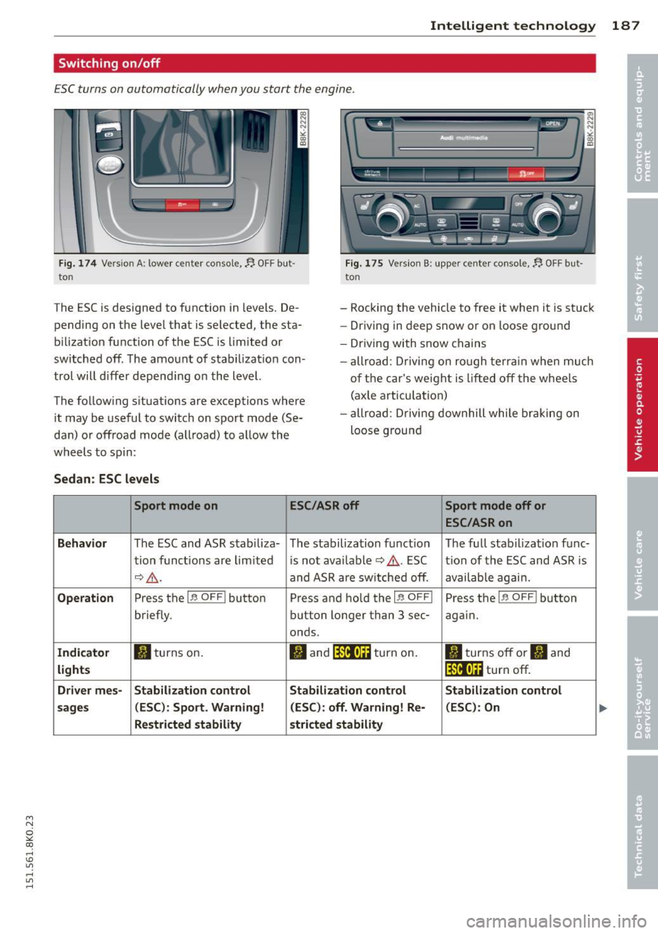 AUDI S4 2015 Owners Manual M N 
~ co ,.., 
I.O 
" ,.., 
" ,.., 
Intelligent  technology  187 
Switching  on/off 
ESC turns  on automatically  when you  start  the  engine . 
Fig. 174 Version A: lower  ce nter  console,~  OFF 