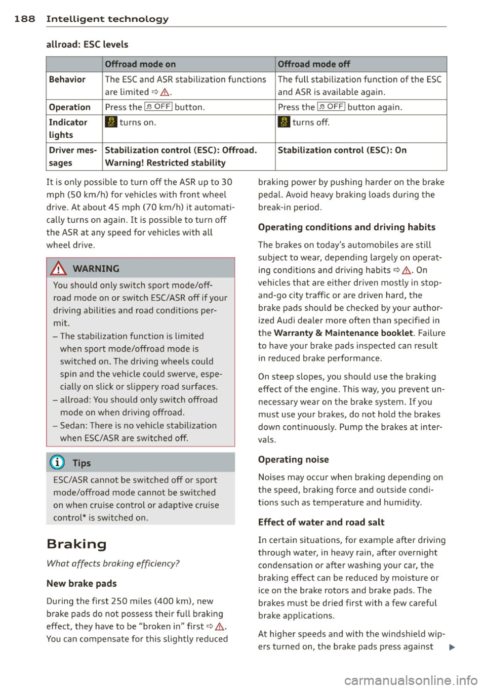 AUDI S4 2015  Owners Manual 188  Intelligent  technology 
allroad:  ESC level s 
Offroad  mode on  Offroad  mode off 
Behavio r 
The ESC and ASR stabilization  functions  The fu ll stabilization  f unction  of  the  ESC 
are  li