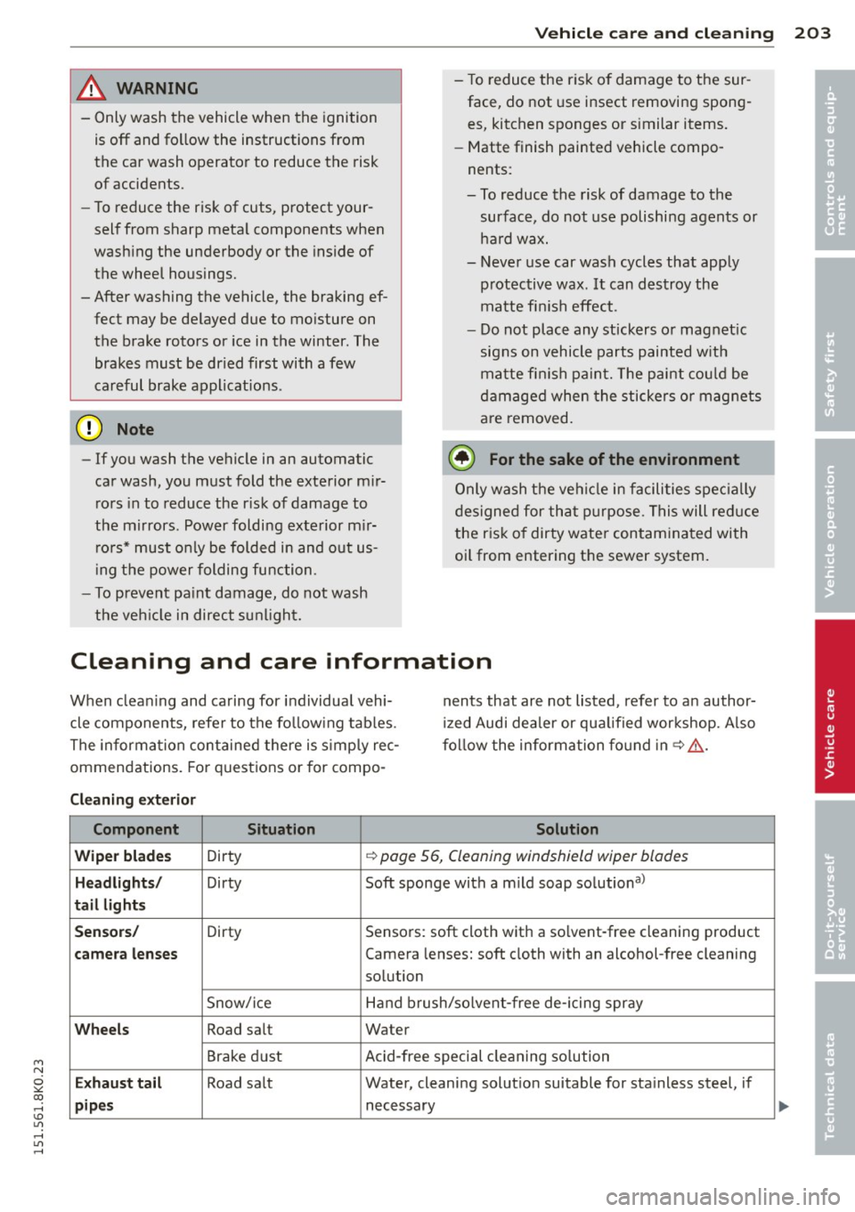 AUDI A4 2015 Owners Manual "" N
0 ::.,: co ,...., \!) 1.1"1 ,...., 1.1"1 ,....,
Vehicl e ca re a nd cl eanin g 203
& WARNING
-Only wash the vehicle when the ignition
is off and follow the instructions from
t AUDI A4 2015 Owners Manual "" N
0 ::.,: co ,...., \!) 1.1"1 ,...., 1.1"1 ,....,
Vehicl e ca re a nd cl eanin g 203
& WARNING
-Only wash the vehicle when the ignition
is off and follow the instructions from
t