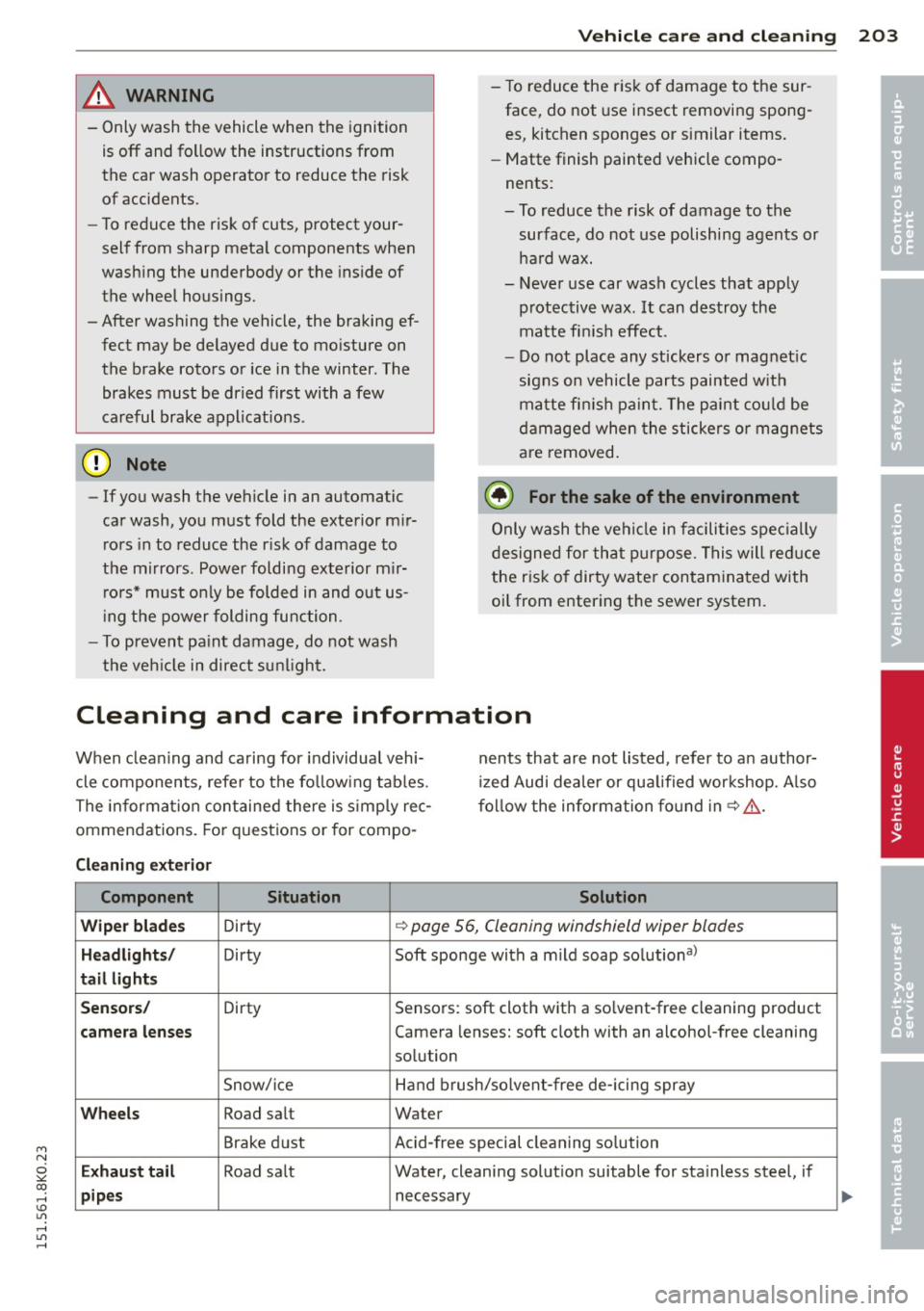 AUDI S4 2015  Owners Manual "" N 
0 ::.,: co ,...., \!) 1.1"1 ,...., 1.1"1 ,...., 
Vehicl e ca re  a nd  cl eanin g  203 
& WARNING 
-Only wash  the  vehicle  when  the  ignition 
is off  and  follow  the  instructions  from 
t