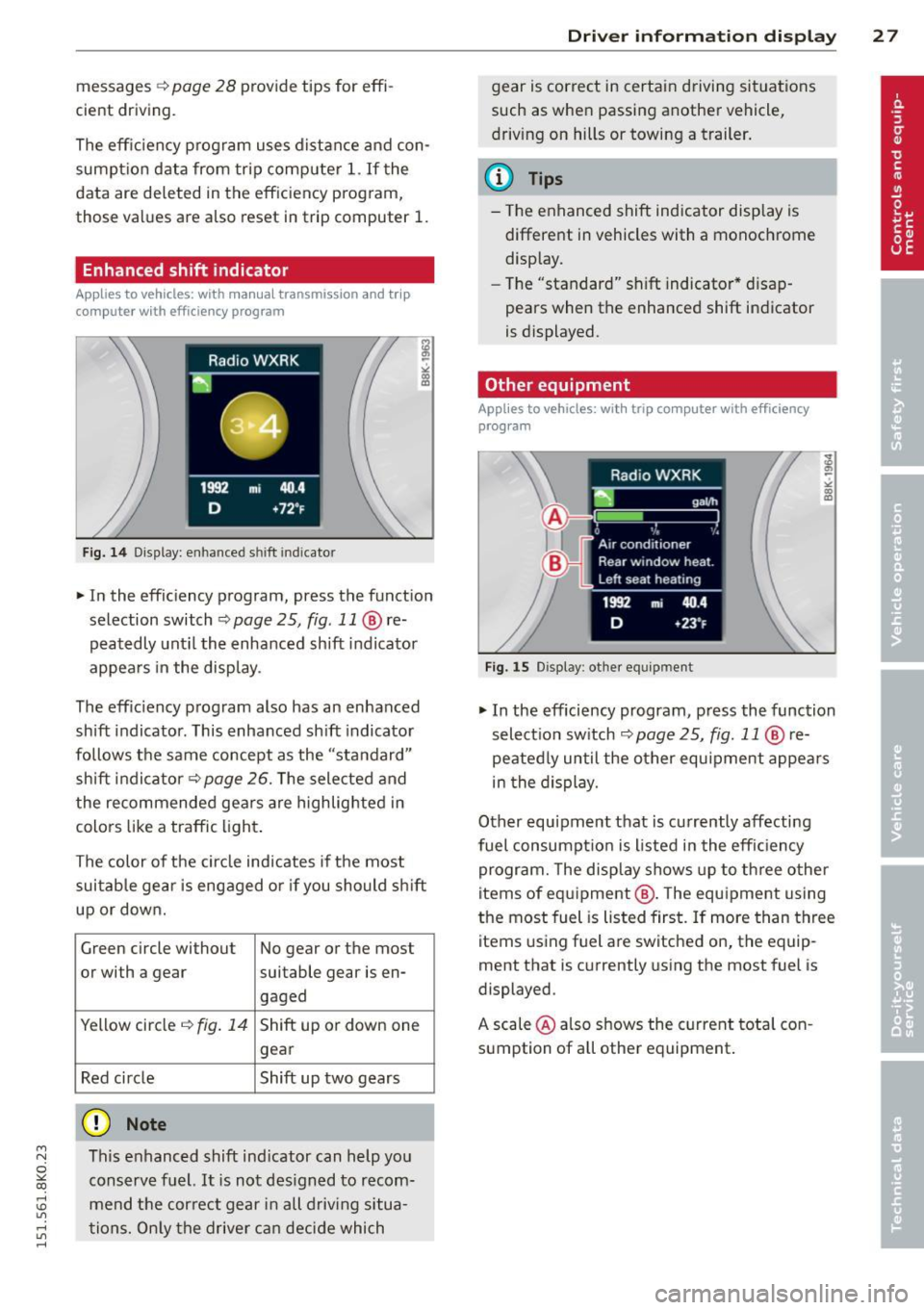 AUDI A4 2015 Owners Manual M N
~ co
rl I.O
" rl
" rl
messages ¢ page 28 provide tips for effi
cient driving.
The effic iency program uses distance and con
sumpt ion data from trip computer
1. If the AUDI A4 2015 Owners Manual M N
~ co
rl I.O
" rl
" rl
messages ¢ page 28 provide tips for effi
cient driving.
The effic iency program uses distance and con
sumpt ion data from trip computer
1. If the