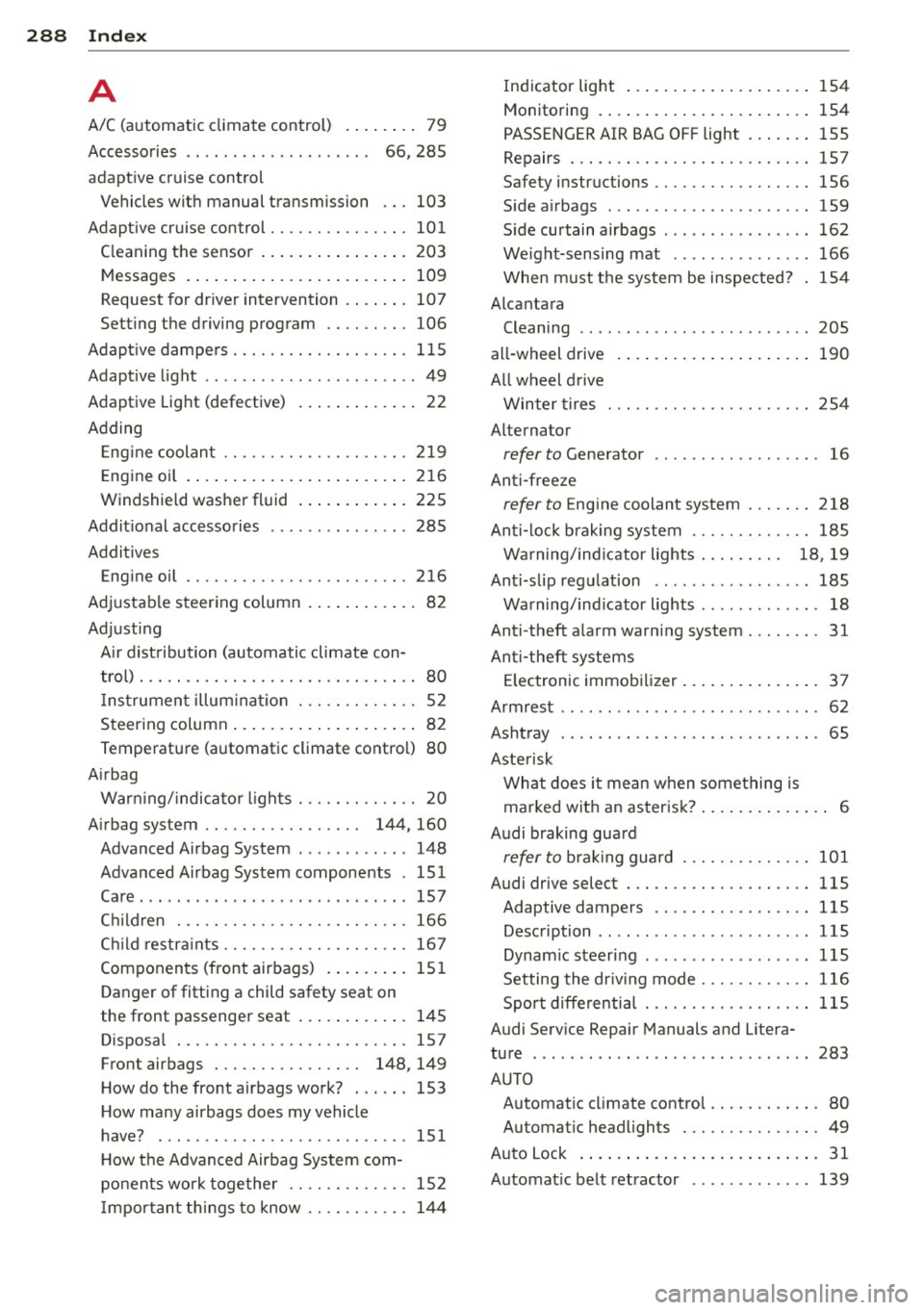 AUDI A4 2015 Service Manual 288 Index .:..:..:..::....::.....:..._ ___________________________ _
A
A/C (automatic clima te control) .. .... . . 79
Acc esso ries . . . . . . . . . . . . . . . . . . . . 66, 285
AUDI A4 2015 Service Manual 288 Index .:..:..:..::....::.....:..._ ___________________________ _
A
A/C (automatic clima te control) .. .... . . 79
Acc esso ries . . . . . . . . . . . . . . . . . . . . 66, 285