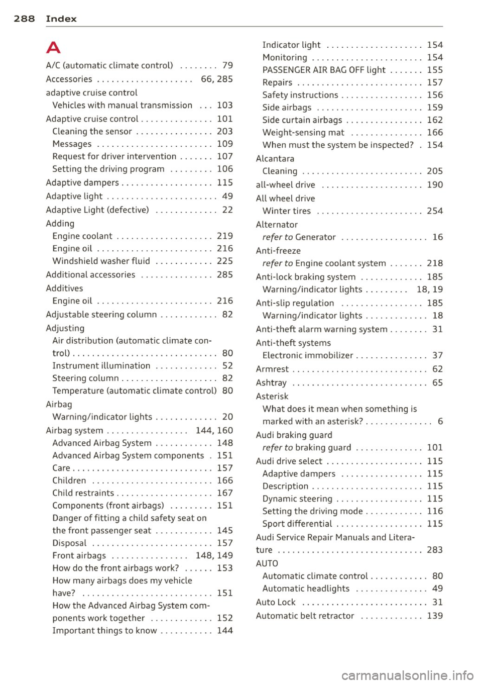 AUDI S4 2015  Owners Manual 288  Index .:..:..:..::....::.....:..._ ___________________________ _ 
A 
A/C (automatic  clima te control)  .. .... . .  79 
Acc esso ries  . .  . . .  . . .  . . .  . .  . .  . .  . .  .  66,  285 
