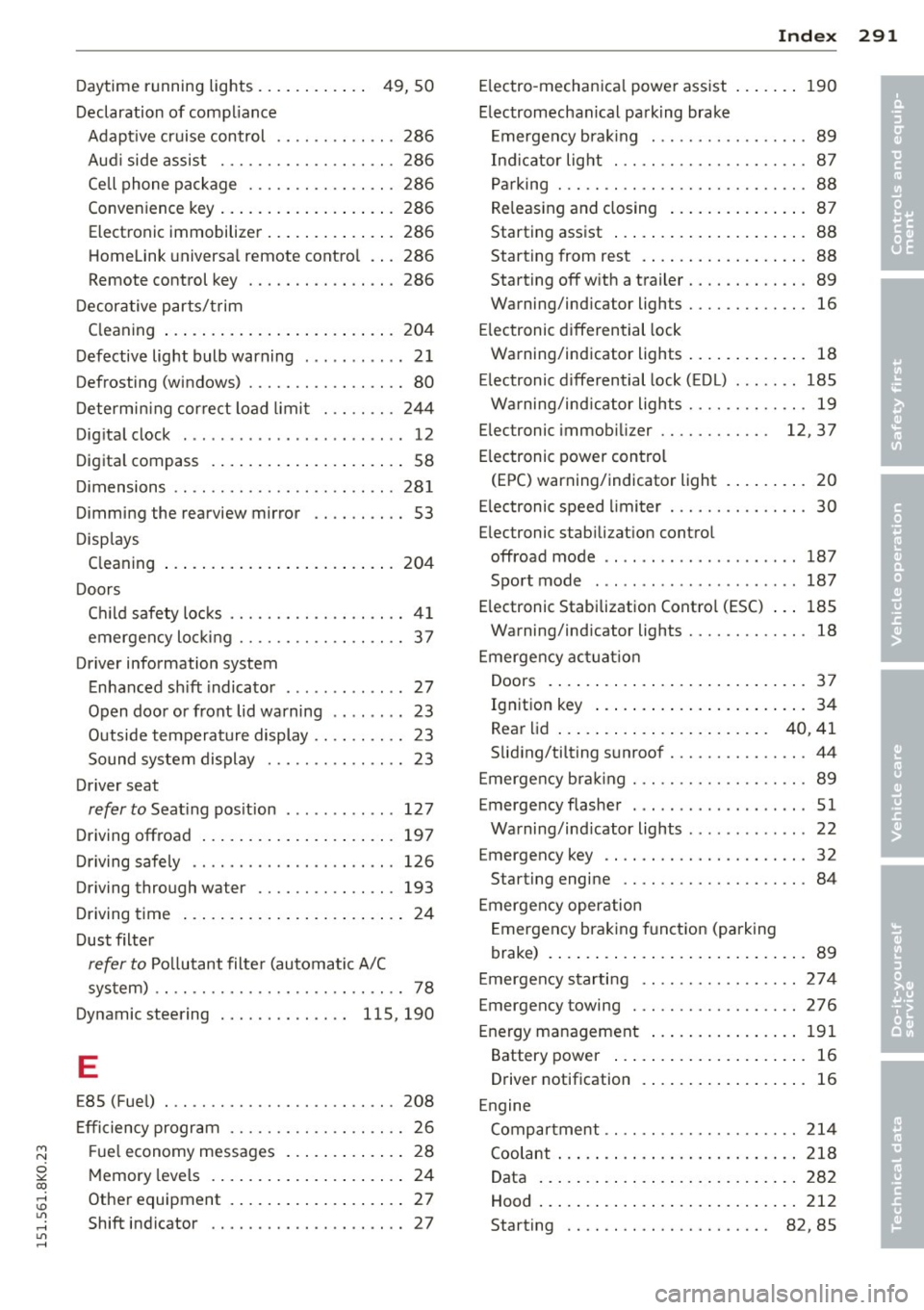 AUDI A4 2015 Workshop Manual "" N
0 ::.,: co ,...., \!) 1.11 ,...., 1.11 ,....,
Index 291
-----------------------------------.......
Daytime running lights. . . . . . . . . . . . 49, 50
Declaration of compliance AUDI A4 2015 Workshop Manual "" N
0 ::.,: co ,...., \!) 1.11 ,...., 1.11 ,....,
Index 291
-----------------------------------.......
Daytime running lights. . . . . . . . . . . . 49, 50
Declaration of compliance