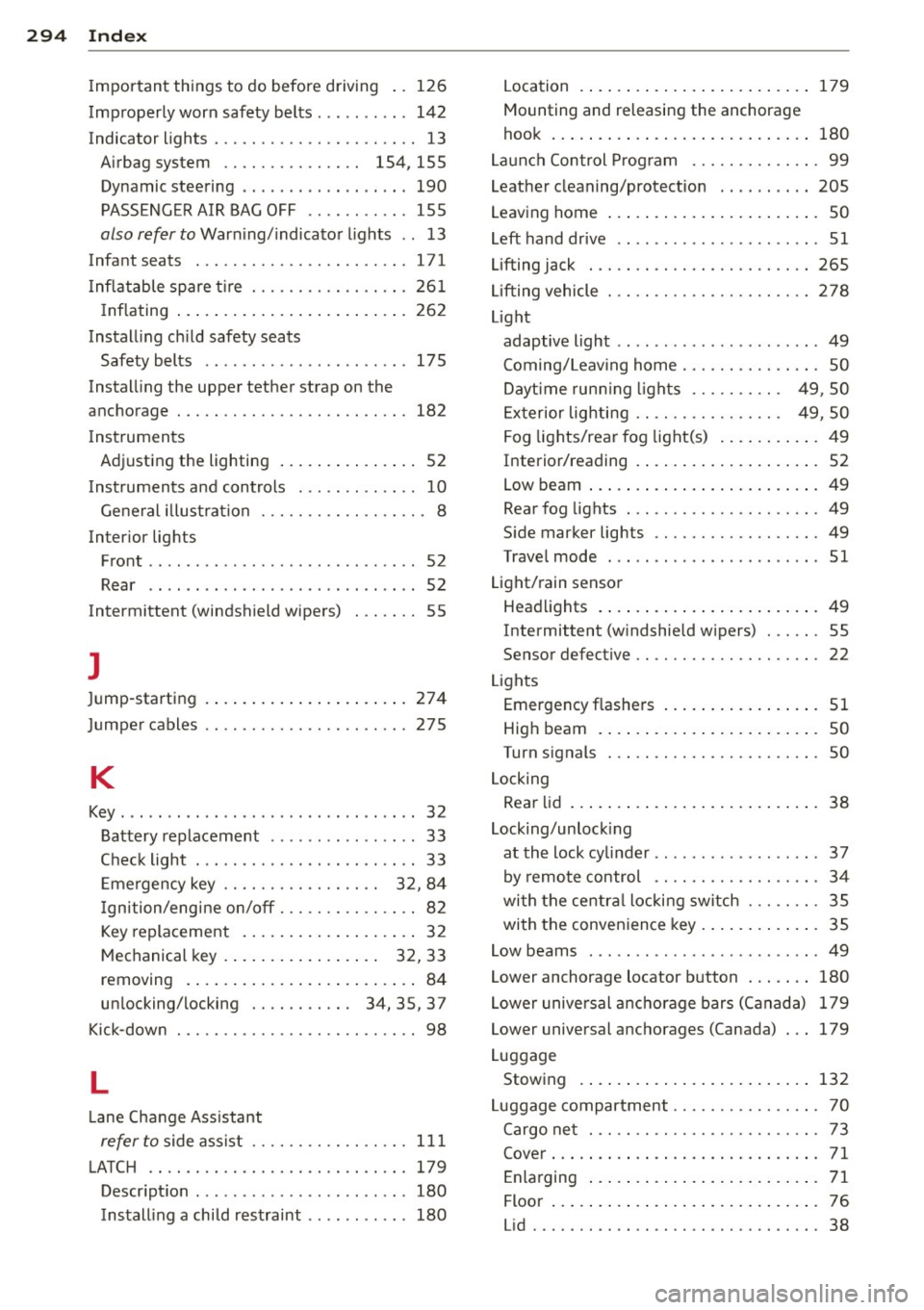 AUDI S4 2015  Owners Manual 294  Index 
Important  things  to  do  before  driving  ..  126 
Improperly  worn  safety  belts  ..... .. ...  142 
Indicator  lights  ............ .. .. .. .. ..  13 
Airbag  system  . . . . . . . .