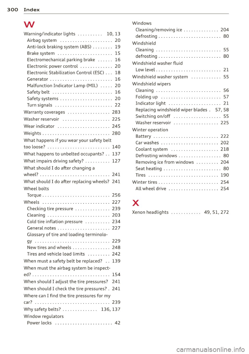 AUDI S4 2015  Owners Manual 300  Index 
w 
Warning/indicator  lights . .  . .  . .  . .  . .  10,  13 
Airbag  system  ........ ... ... ..... ..  20 
Anti-lock  braking  system  (ABS) . ... ... .  19 
Brake system  .............