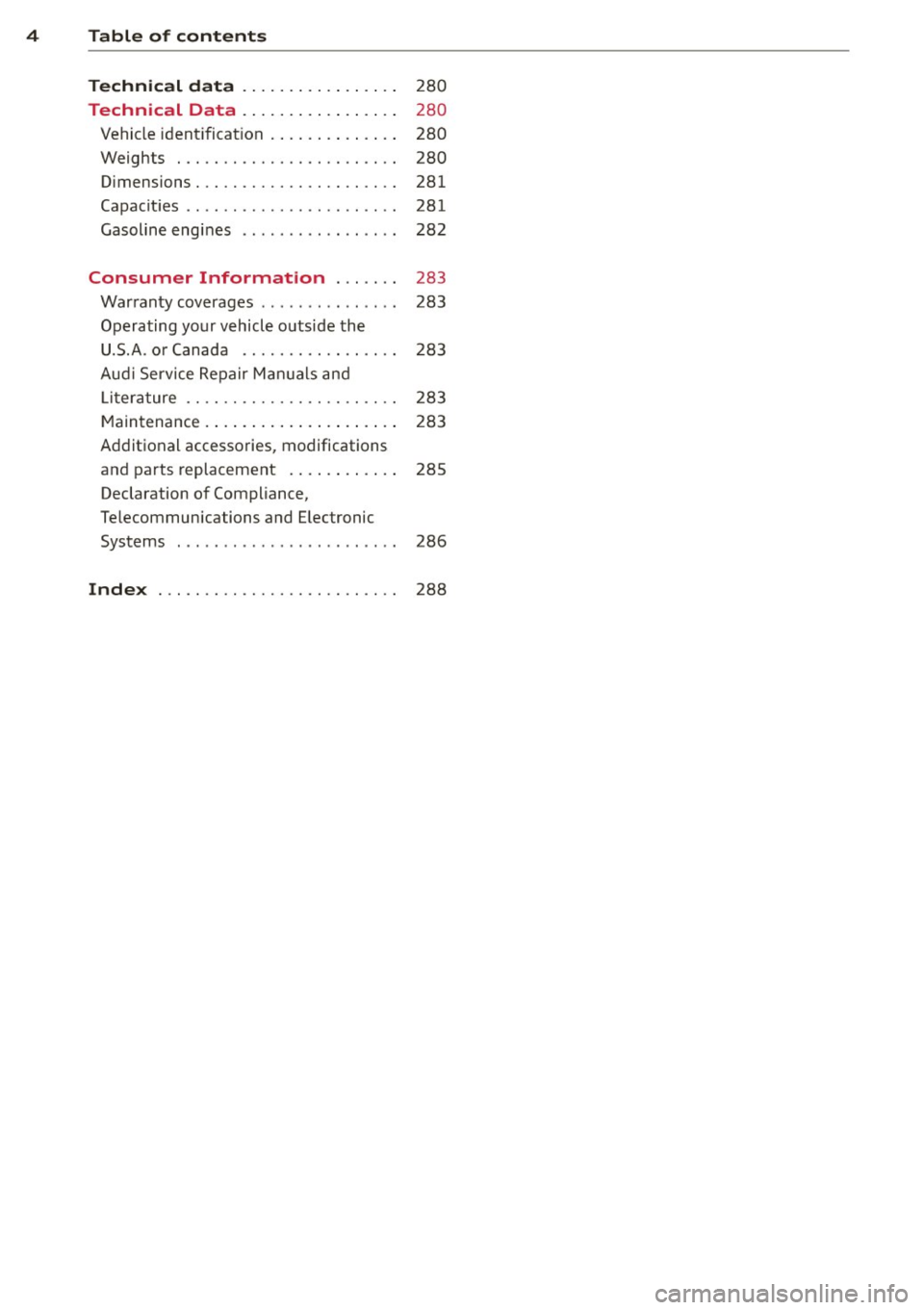 AUDI A4 2015 Owners Manual 4 Table of contents
Technic al d ata . . . . . . . . . . . . . . . . .
280
Technical Data . . . . . . . . . . . . . . . . . 280
Vehicle ident ificat ion . . . . . . . . . . . AUDI A4 2015 Owners Manual 4 Table of contents
Technic al d ata . . . . . . . . . . . . . . . . .
280
Technical Data . . . . . . . . . . . . . . . . . 280
Vehicle ident ificat ion . . . . . . . . . . .