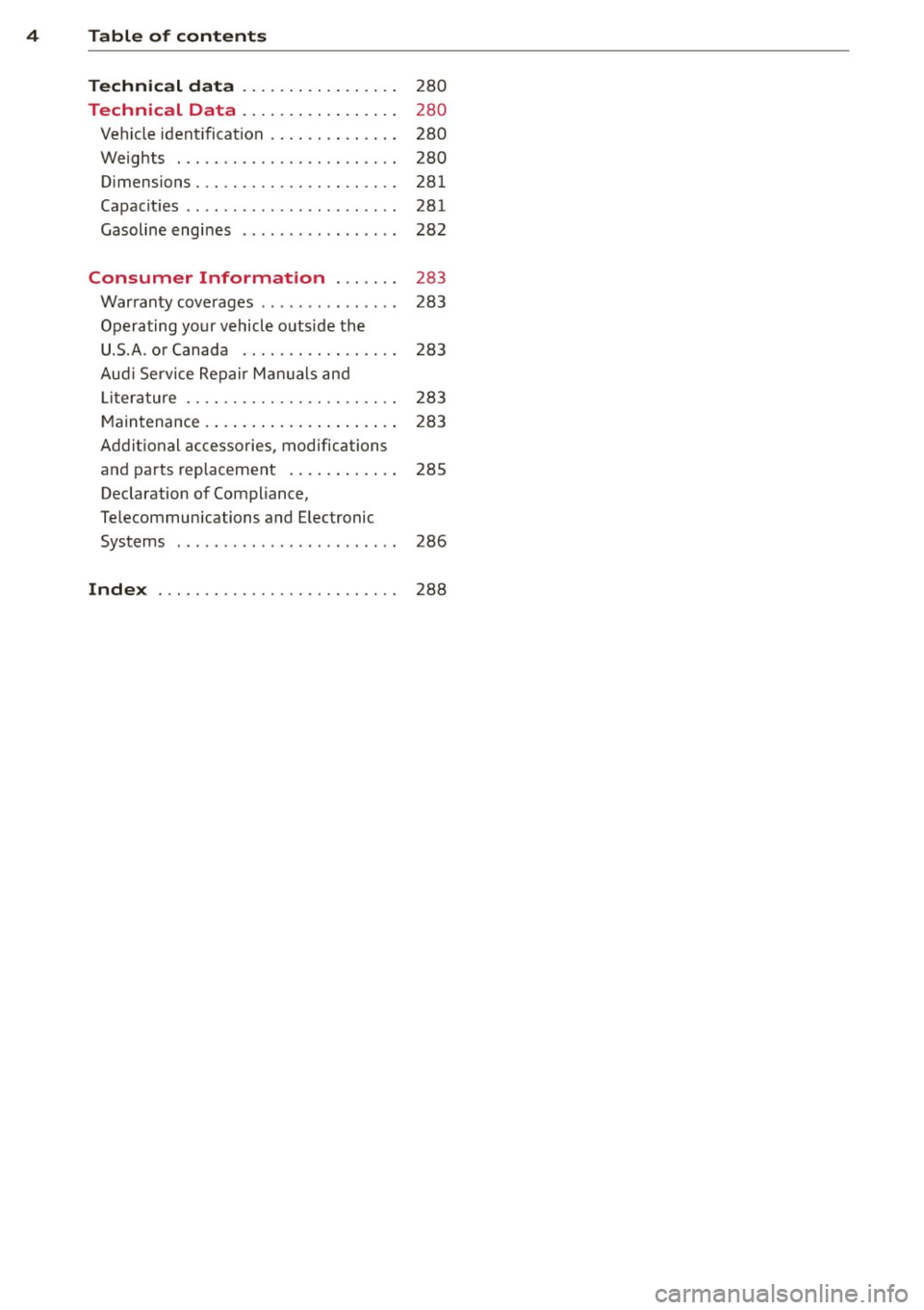 AUDI S4 2015  Owners Manual 4  Table  of  contents 
Technic al  d ata  . . . . . .  . . .  . .  . .  . . . . 
280 
Technical  Data  . . . . . .  . . .  . .  . .  . . . . 280 
Vehicle  ident ificat ion  . .  . .  . .  . .  . .  .