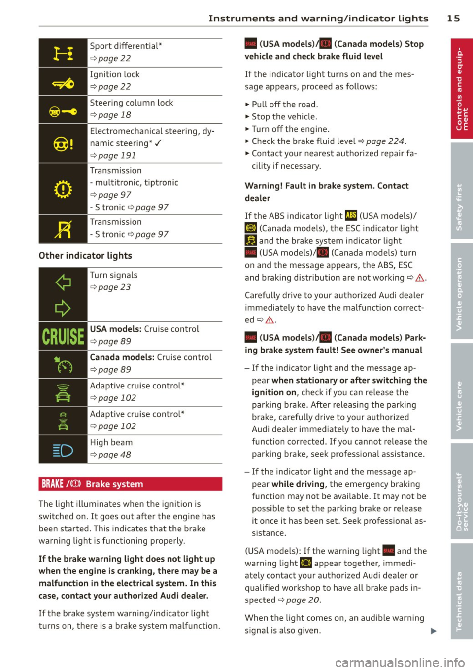 AUDI S4 2014 User Guide Instruments and warning/indicator lights 15
Sport d iffer ential*
¢ page 22
Ign it io n loc k
¢pag e 22
Steering co lumn lock
¢ pag e 18
Electromec hanical steer ing, dy
nam ic AUDI S4 2014 User Guide Instruments and warning/indicator lights 15
Sport d iffer ential*
¢ page 22
Ign it io n loc k
¢pag e 22
Steering co lumn lock
¢ pag e 18
Electromec hanical steer ing, dy
nam ic
