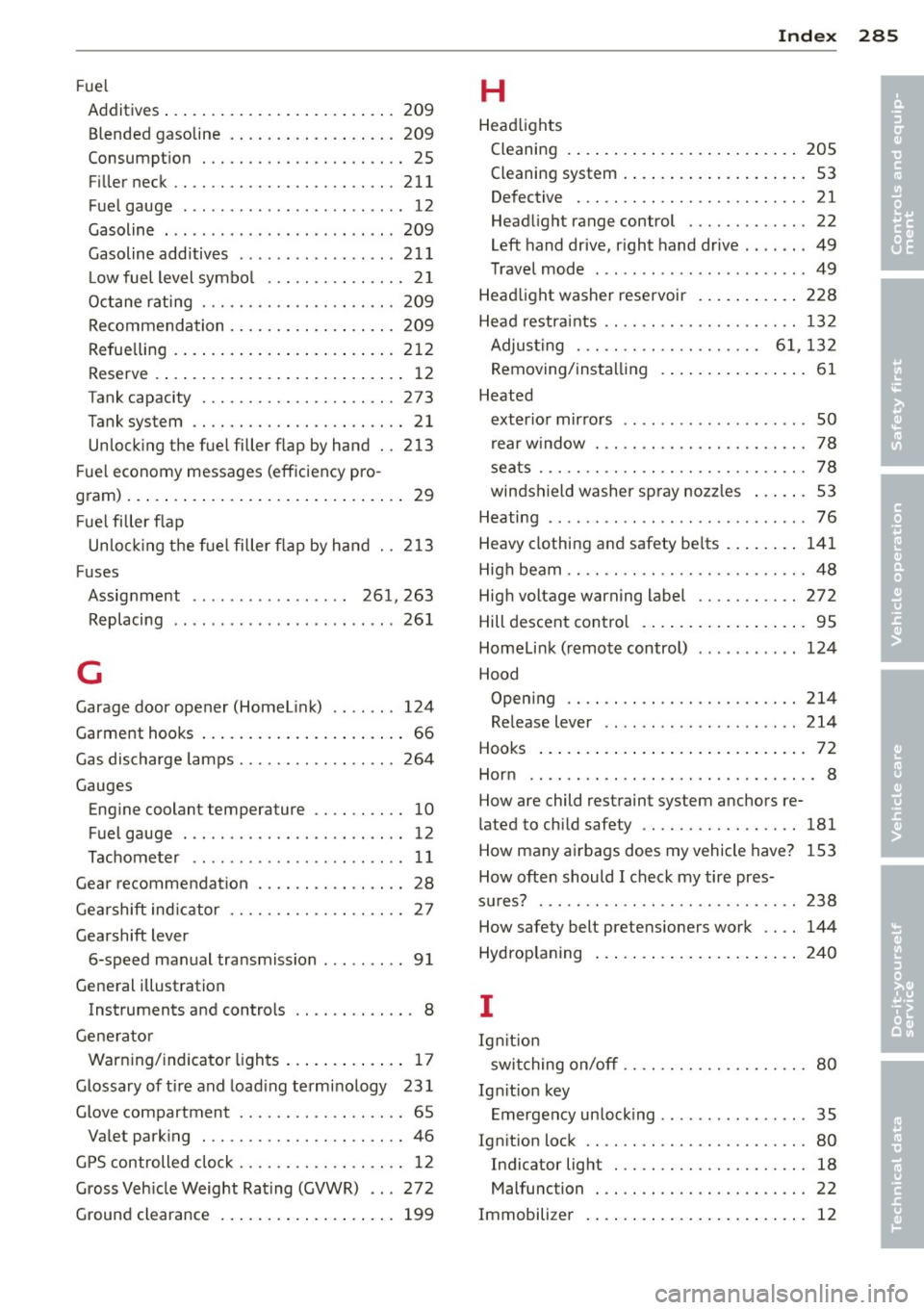 AUDI S4 2014 Owners Manual _______________________________ ___:I~n~d~e:.::x 285
Fuel
Additives ... ................ ... ... 209
Blended gasoline ............ ... .. . 209
Consumption . . . . . . . . . . . . . . . . AUDI S4 2014 Owners Manual _______________________________ ___:I~n~d~e:.::x 285
Fuel
Additives ... ................ ... ... 209
Blended gasoline ............ ... .. . 209
Consumption . . . . . . . . . . . . . . . .