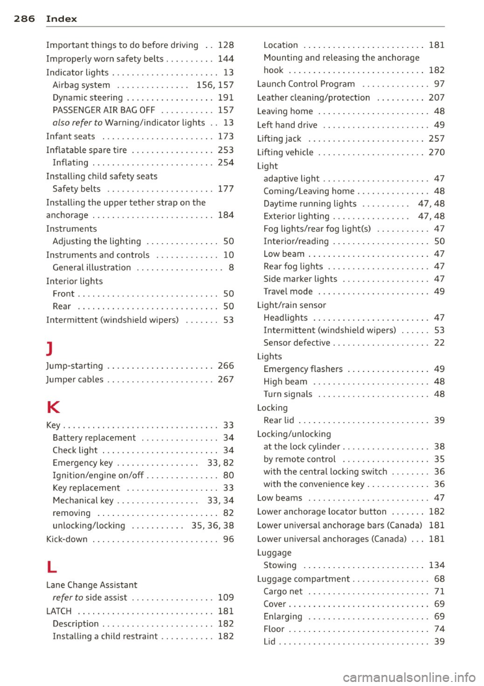 AUDI S4 2014  Owners Manual 28 6  Index 
Impor tan t th ings to  do  before  driving  ..  1 28 
Improperly  worn  safety  belts  ..... .. ...  144 
Indicator  lights  ............ .. .. .. .. ..  13 
Airbag  system  . . . . . . 