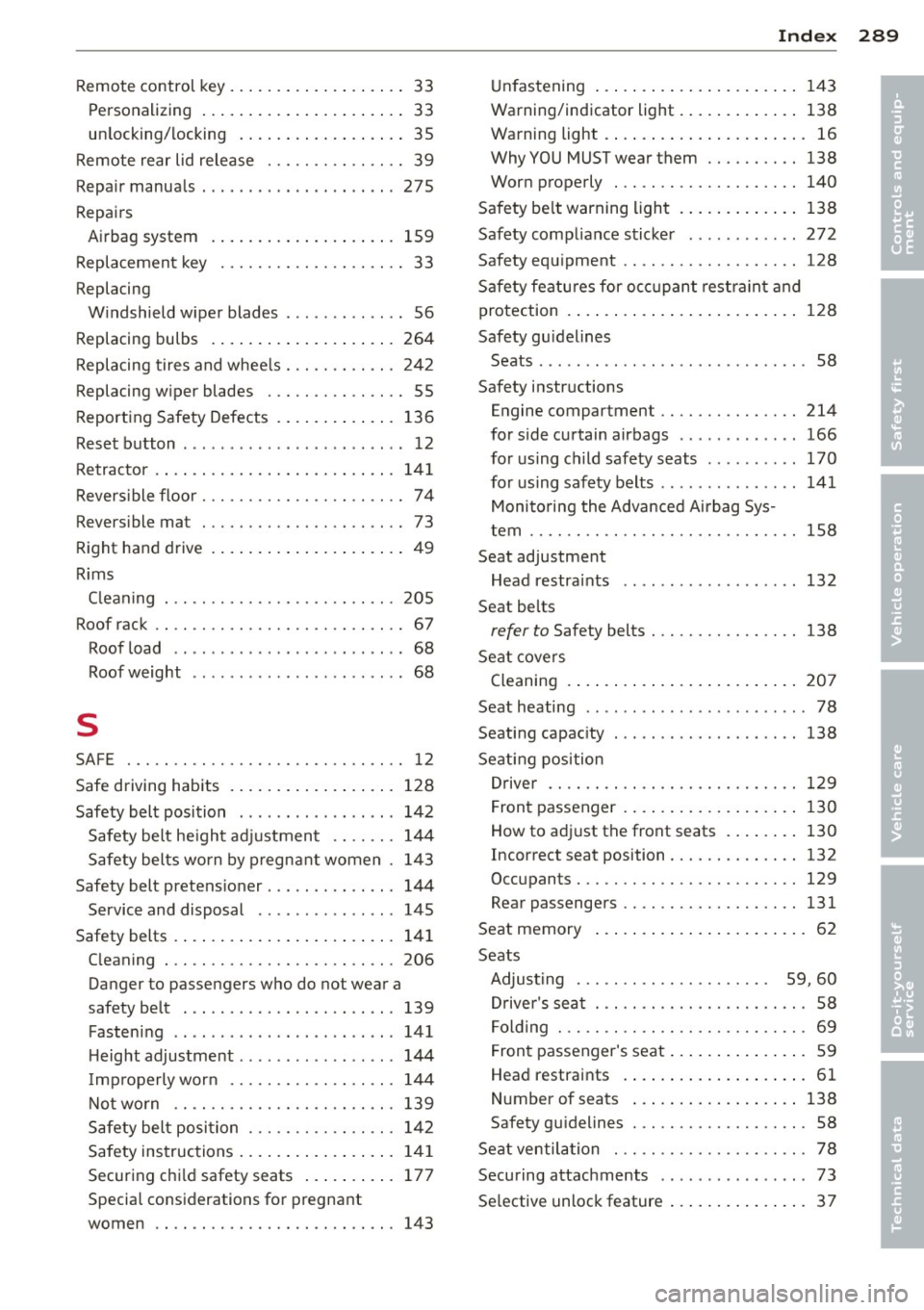AUDI S4 2014  Owners Manual Index  289 ____________________________ ...:.:..:.=.:::.::.: 
Remote  control  key ............... .. .. 33 
Personalizing  ................ .. .... 33 
unlocking/locking  ............ .. .. .. 35 
Re