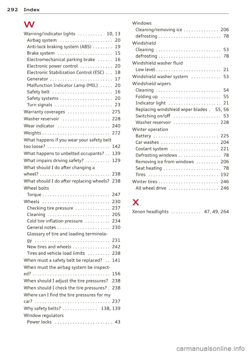 AUDI S4 2014  Owners Manual 29 2  Index 
w 
Warn ing/indicator  lights  .  . . .  . .  . .  . .  10,  13 
Airbag  system  . .. ..... ... .. .. .... ..  20 
Anti-lock  braking  system  (ABS) . ... ... .  19 
Brake  system  ......