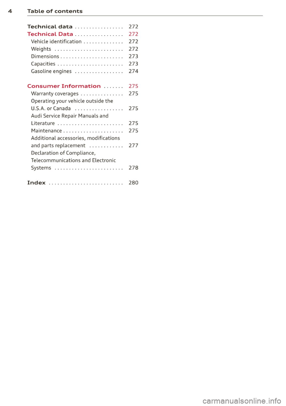 AUDI S4 2014  Owners Manual 4  Table  of  contents 
Technic al  d ata  . . . . . .  . . .  . .  . .  . . . . 
272 
Technical  Data  . . . . . .  . . .  . .  . .  . . . . 27 2 
Vehicle  ident ificat ion  . .  . .  . .  . .  . .  