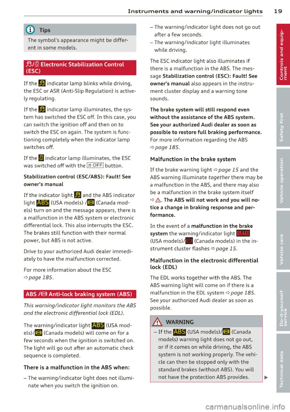 AUDI S4 2013  Owners Manual Instruments  and  warning/indicator  lights  19 
@ Tips 
The symbols  appearance  might  be differ­
ent  in some  models . 
n,/{J Electronic  Stabilization  Control 
(ESC) 
If the G1 indicator  lamp