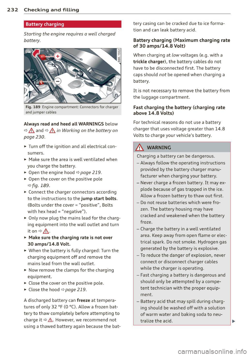 AUDI A4 2013  Owners Manual 232  Checking  and  filling 
Battery  charging 
Starting  the  engine  requires  a  well  charged 
battery. 
Fi g.  1 89 Engine co mpart ment:  C onn ecto rs  fo r charger 
and  jumper  cab les 
Alway