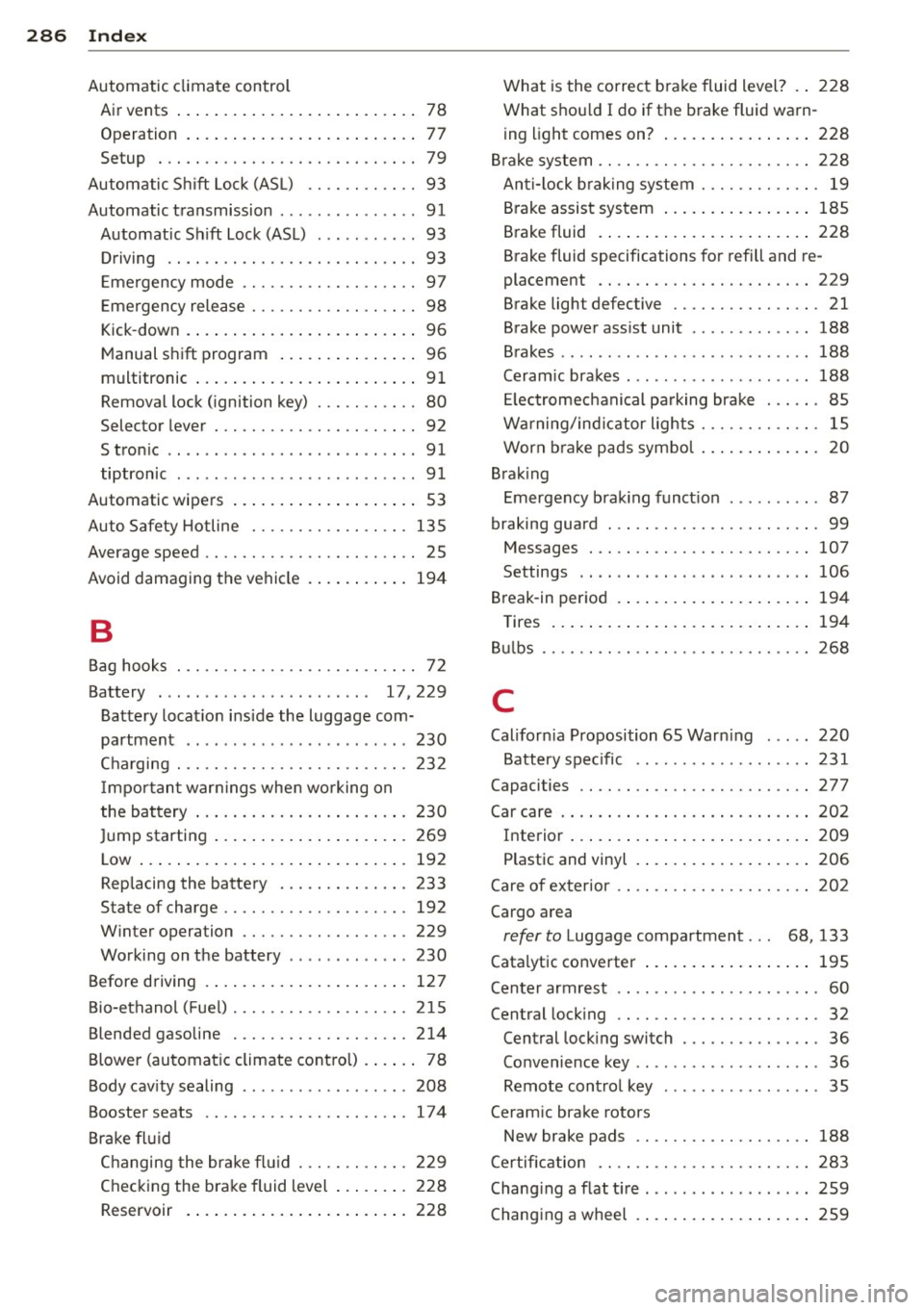 AUDI S4 2013 Owners Manual 286 Index
Automatic climate control Air vents ... ............... .. .... .. 78
Operation . . . . . . . . . . . . . . . . . . . . . . . . . 77
Setup . .. ............... .. .. .... AUDI S4 2013 Owners Manual 286 Index
Automatic climate control Air vents ... ............... .. .... .. 78
Operation . . . . . . . . . . . . . . . . . . . . . . . . . 77
Setup . .. ............... .. .. ....