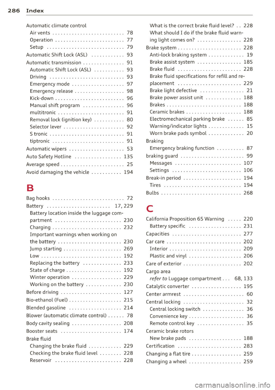 AUDI S4 2013  Owners Manual 286  Index 
Automatic  climate  control Air vents  ... ............... .. .... ..  78 
Operation  .  . . . .  . . .  . . . .  . . .  . .  . .  . . . .  . .  77 
Setup  . .. ............... .. .. .... 