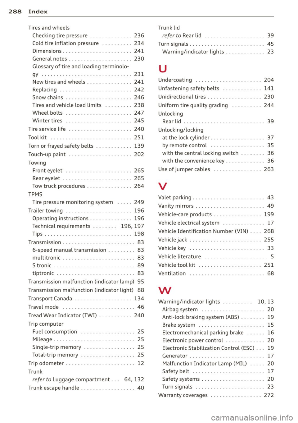AUDI A4 SEDAN 2013 Owners Manual 288 Index
Tires and wheels
Checking tire pressure .............. 236
Cold t ire inflation pressure ... .. .... . 234
Dimensions .............. .. .. .... . 241
General notes . ......... AUDI A4 SEDAN 2013 Owners Manual 288 Index
Tires and wheels
Checking tire pressure .............. 236
Cold t ire inflation pressure ... .. .... . 234
Dimensions .............. .. .. .... . 241
General notes . .........