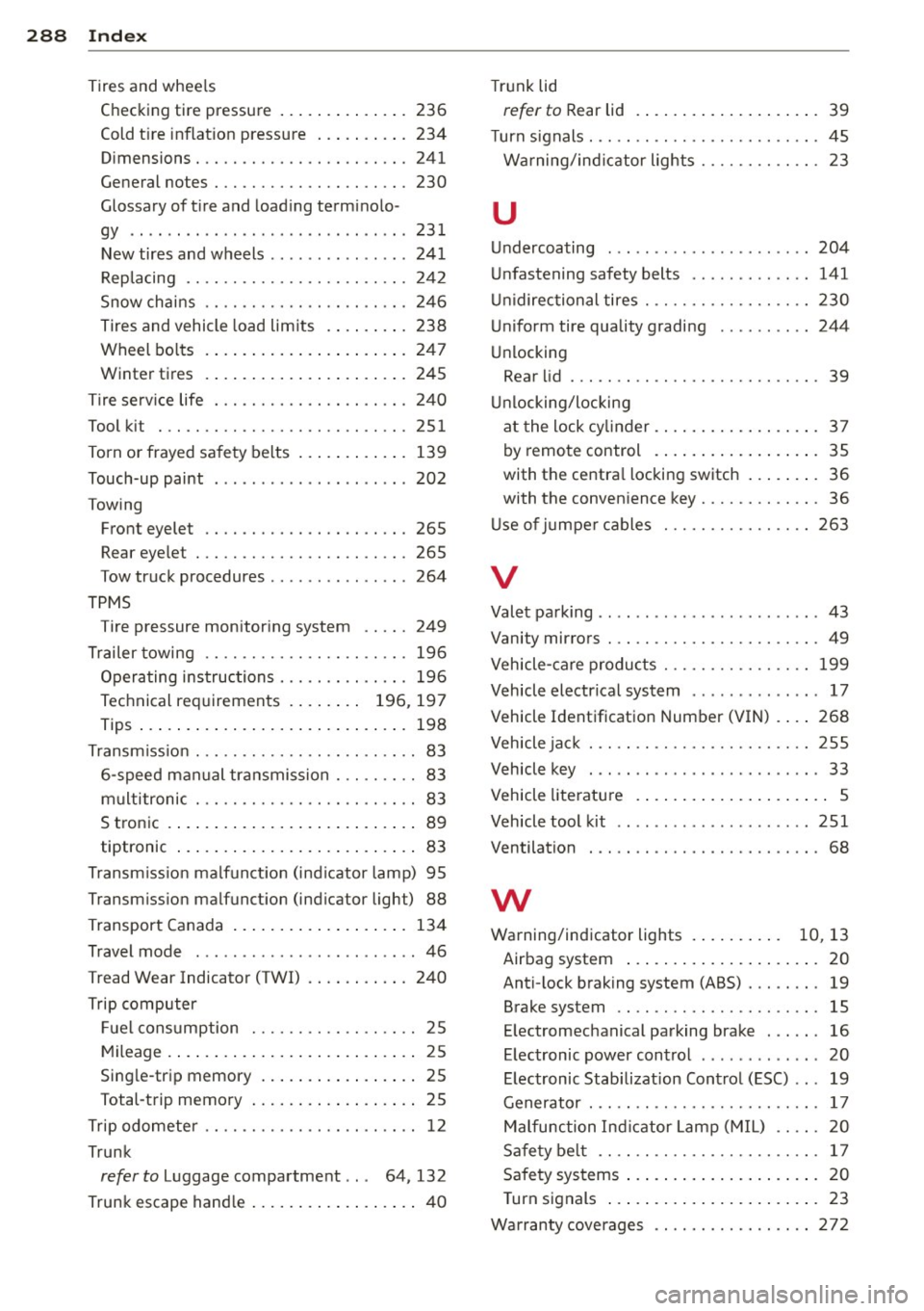 AUDI A4 SEDAN 2013  Owners Manual 288  Index 
Tires and wheels 
Checking tire  pressure  .............. 236 
Cold t ire  inflation  pressure  ... .. .... .  234 
Dimensions  .............. .. .. .... . 241 
General  notes  . .........