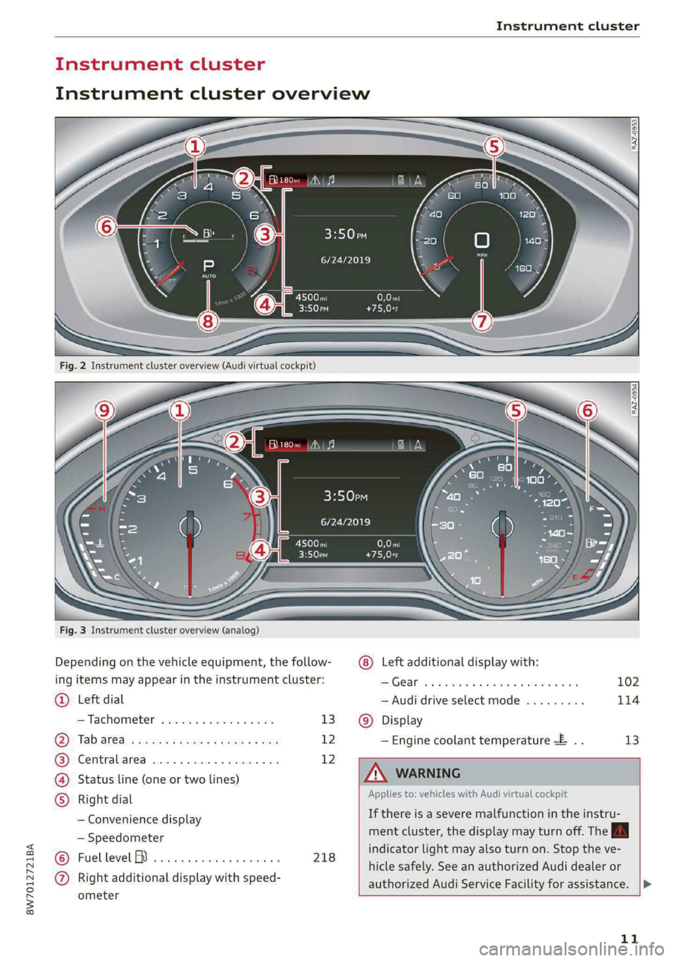 AUDI A5 2020  Owners Manual 8W7012721BA 
Instrument cluster 
  
00 T 
  
Fig. 3 Instrument cluster overview (analog) 
Depending on the vehicle equipment, the follow- 
ing items may appear in the instrument cluster: 
@ Left dial 