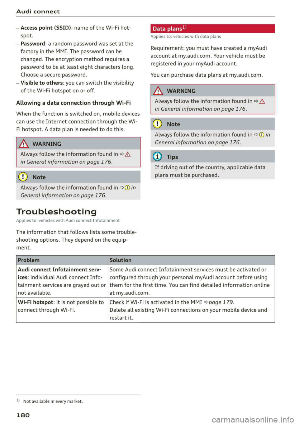 AUDI A5 2020 Owners Manual Audi connect
— Access point (SSID): name of the Wi-Fi hot- peve- Me) Tn
spot. Applies to: vehicles with data plans
— Password: a random password was set at the
factory in the MMI. The passwor AUDI A5 2020 Owners Manual Audi connect
— Access point (SSID): name of the Wi-Fi hot- peve- Me) Tn
spot. Applies to: vehicles with data plans
— Password: a random password was set at the
factory in the MMI. The passwor